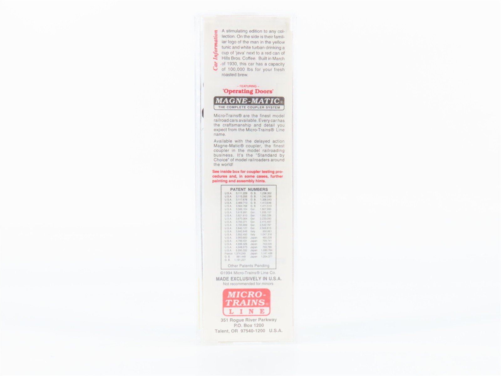 N Scale Micro-Trains 42100 HBCX Hills Bros. Coffee 40' Box Car 166 RTR