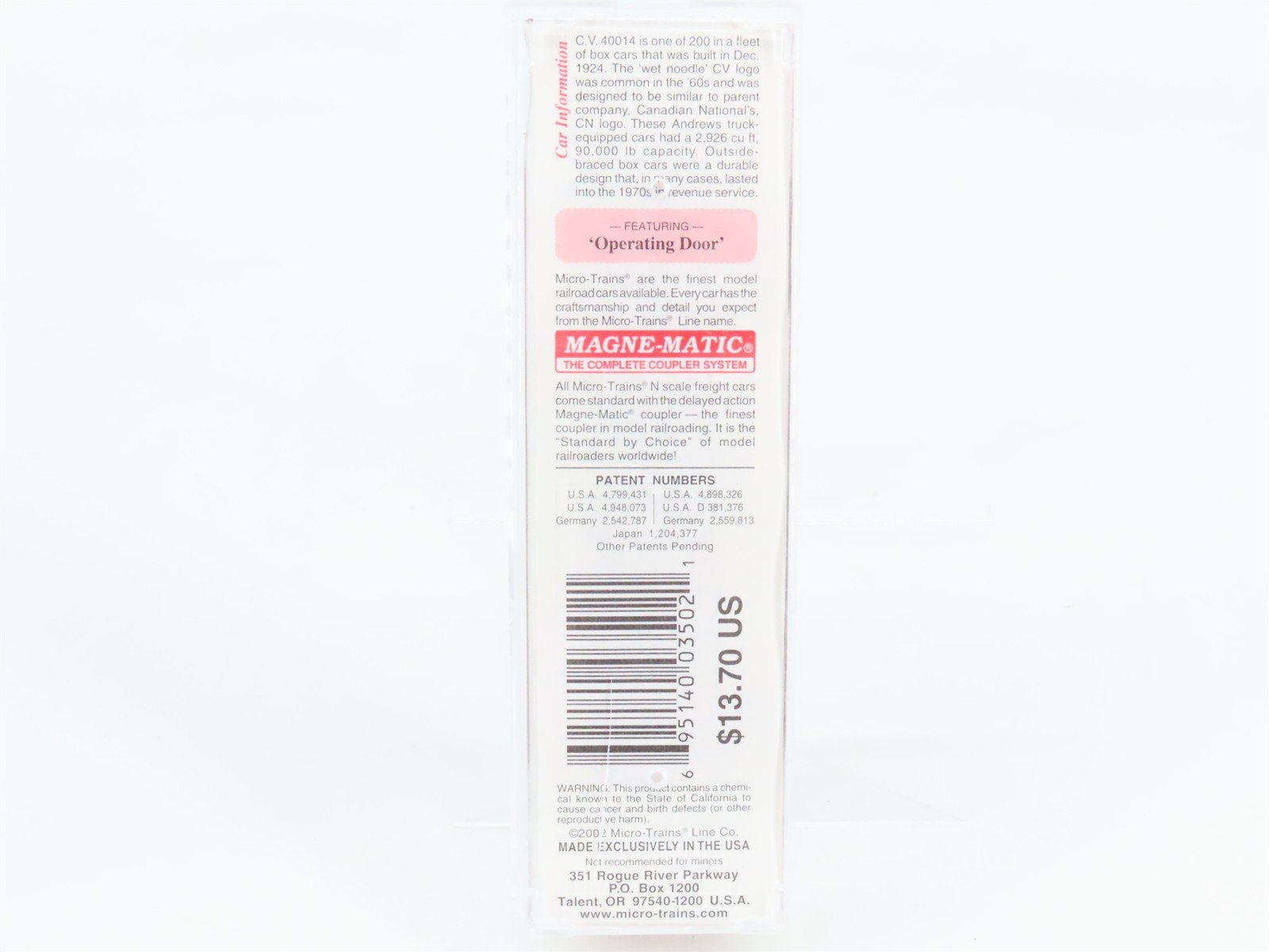 N Scale Micro-Trains 28160 CV Central Vermont 40' Outside-Braced Box Car RTR