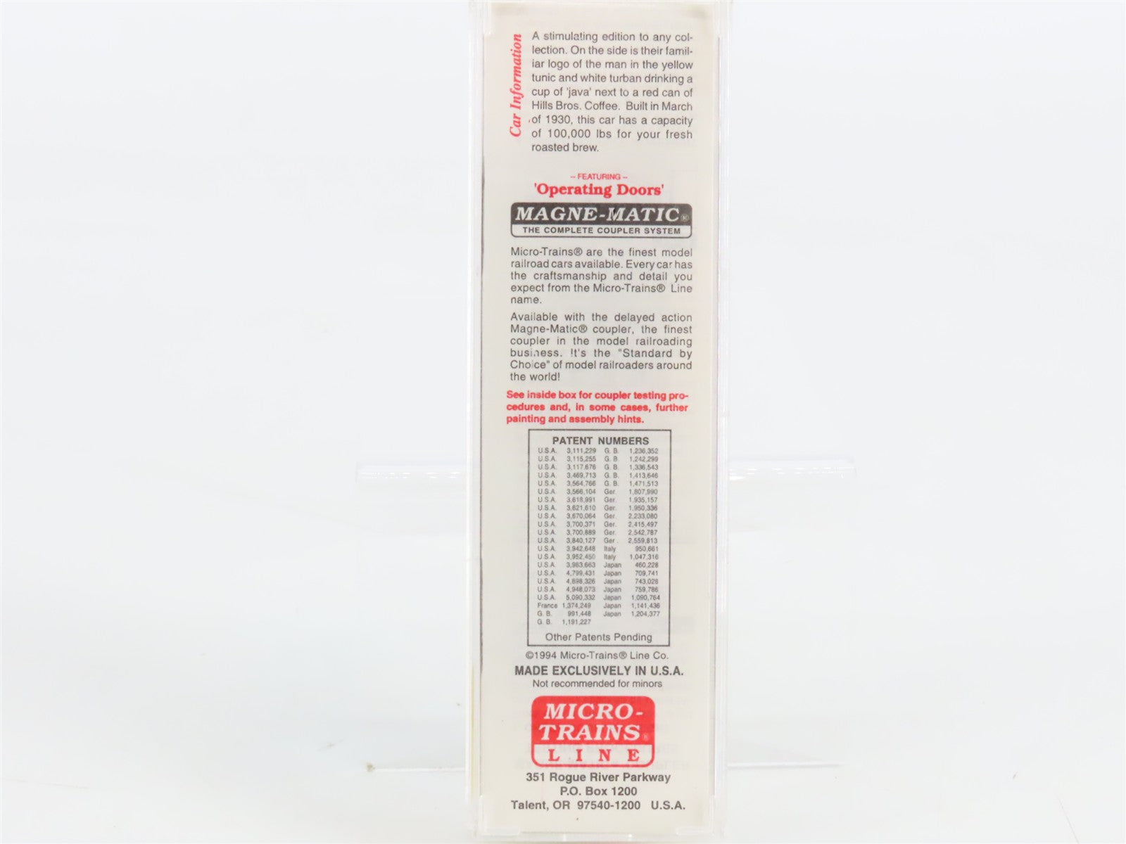 N Scale Micro-Trains 42100 HBCX Hills Bros. Coffee 40' Box Car 166 RTR