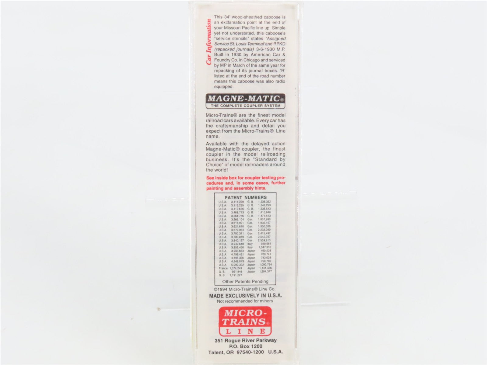 N Scale Micro-Trains 50160 MP Missouri Pacific 34' Wood-Sheathed Caboose RTR