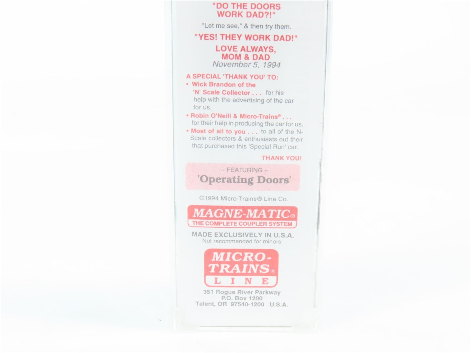 N Micro-Trains MTL Special Run #1 SRR Shawnee Railroad CAS Memorial Box Car 86