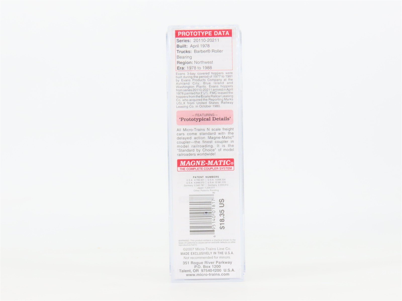 N Scale Micro-Trains MTL 09900030 USLX FMC Chemicals 3-Bay Covered Hopper #20110