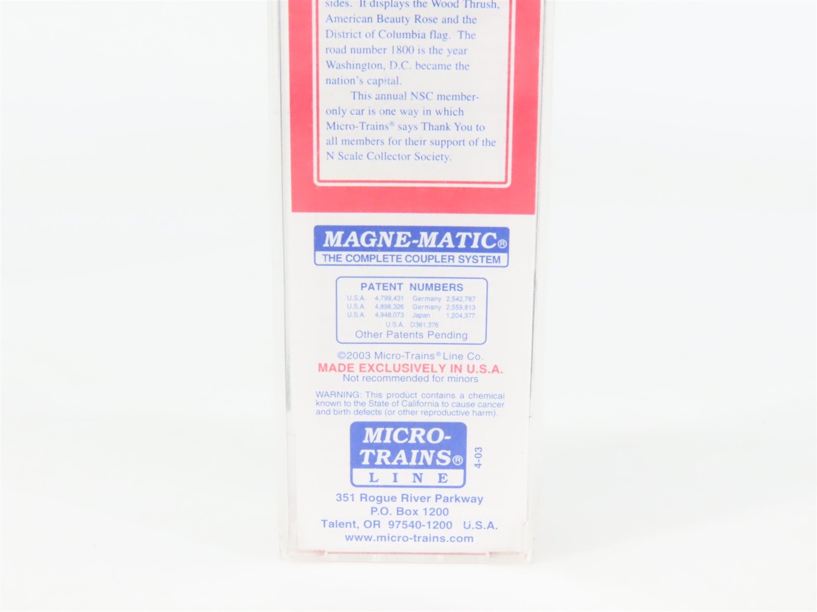 N Scale Micro-Trains 4-03 DC District of Columbia 40' Plug Door Box Car 1800 RTR