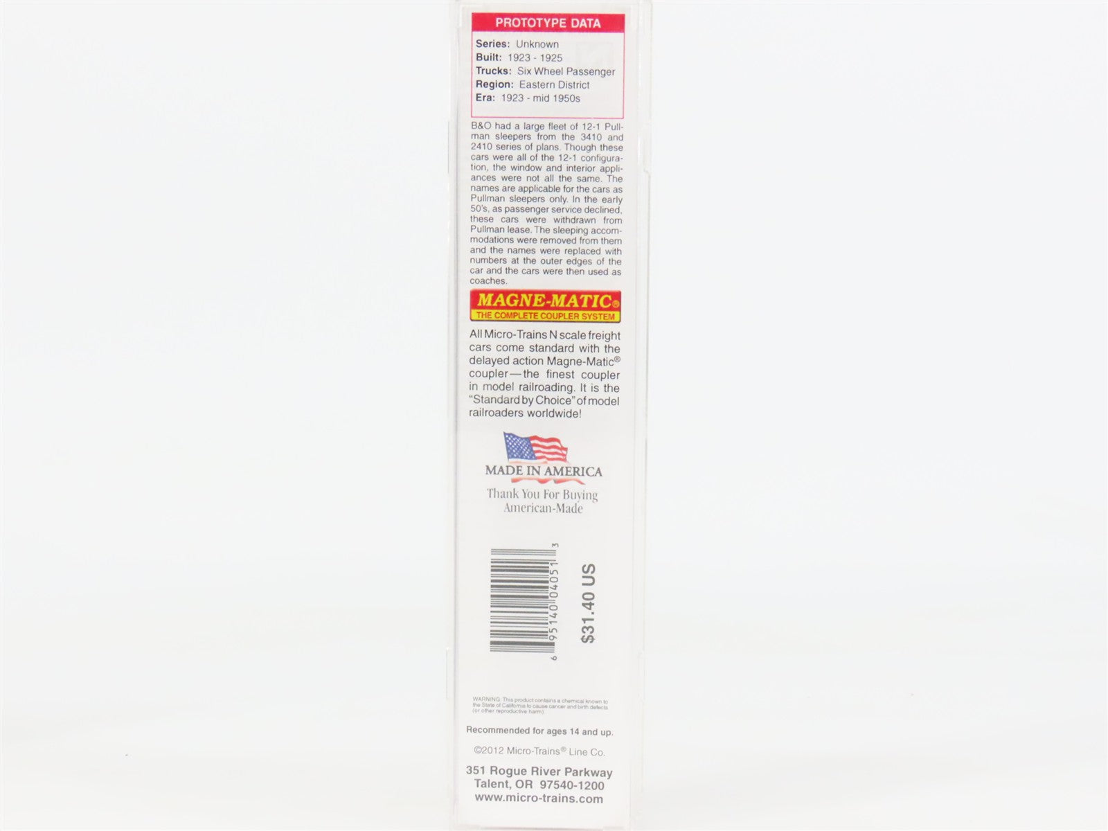 N Scale Micro-Trains 14200090 BO Baltimore & Ohio 12-1 Heavyweight Sleeper RTR