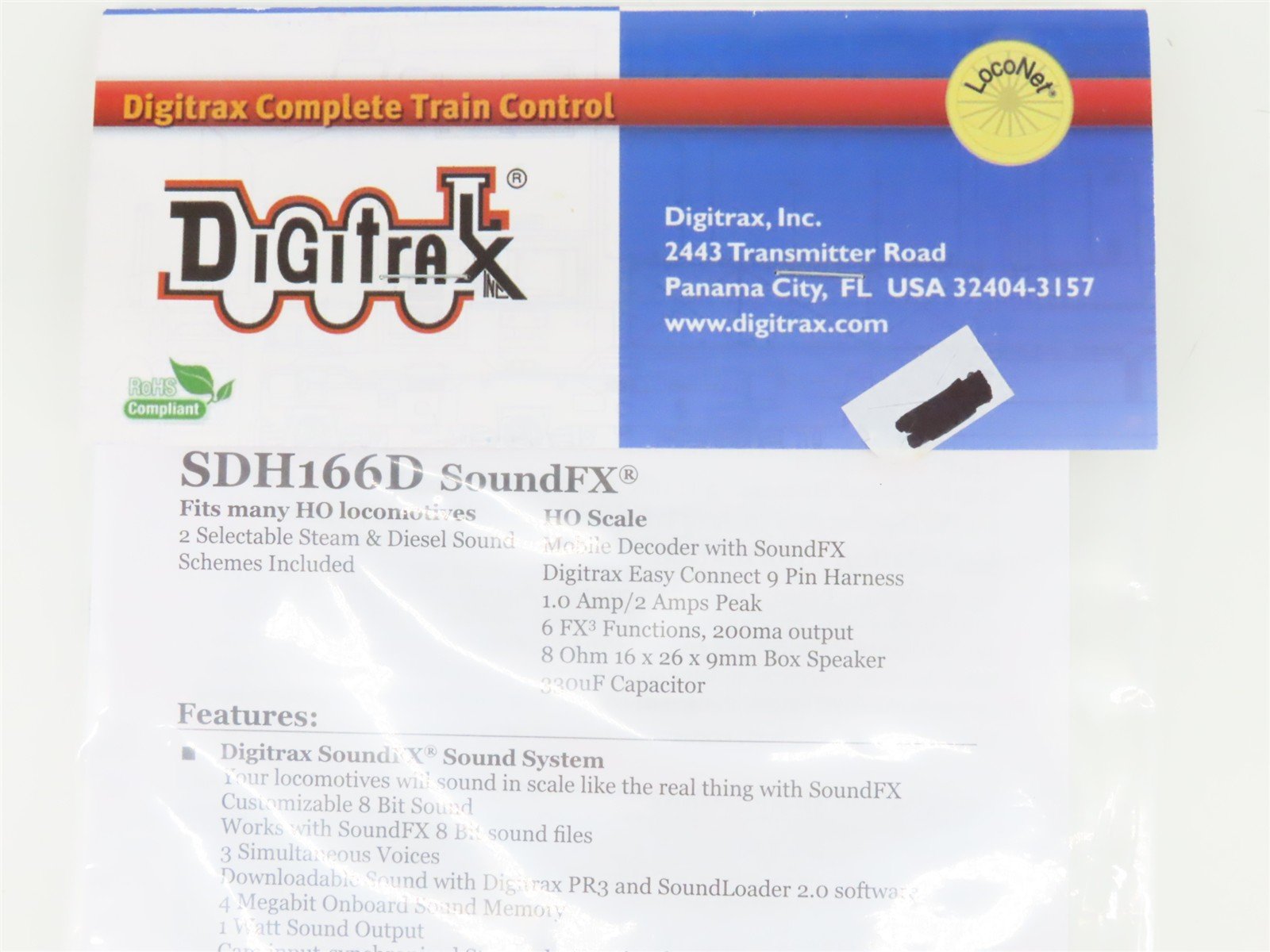 Digitrax SDH166D SoundFX HO Diesel & Steam DCC/SOUND Decoder w/Speaker & Harness