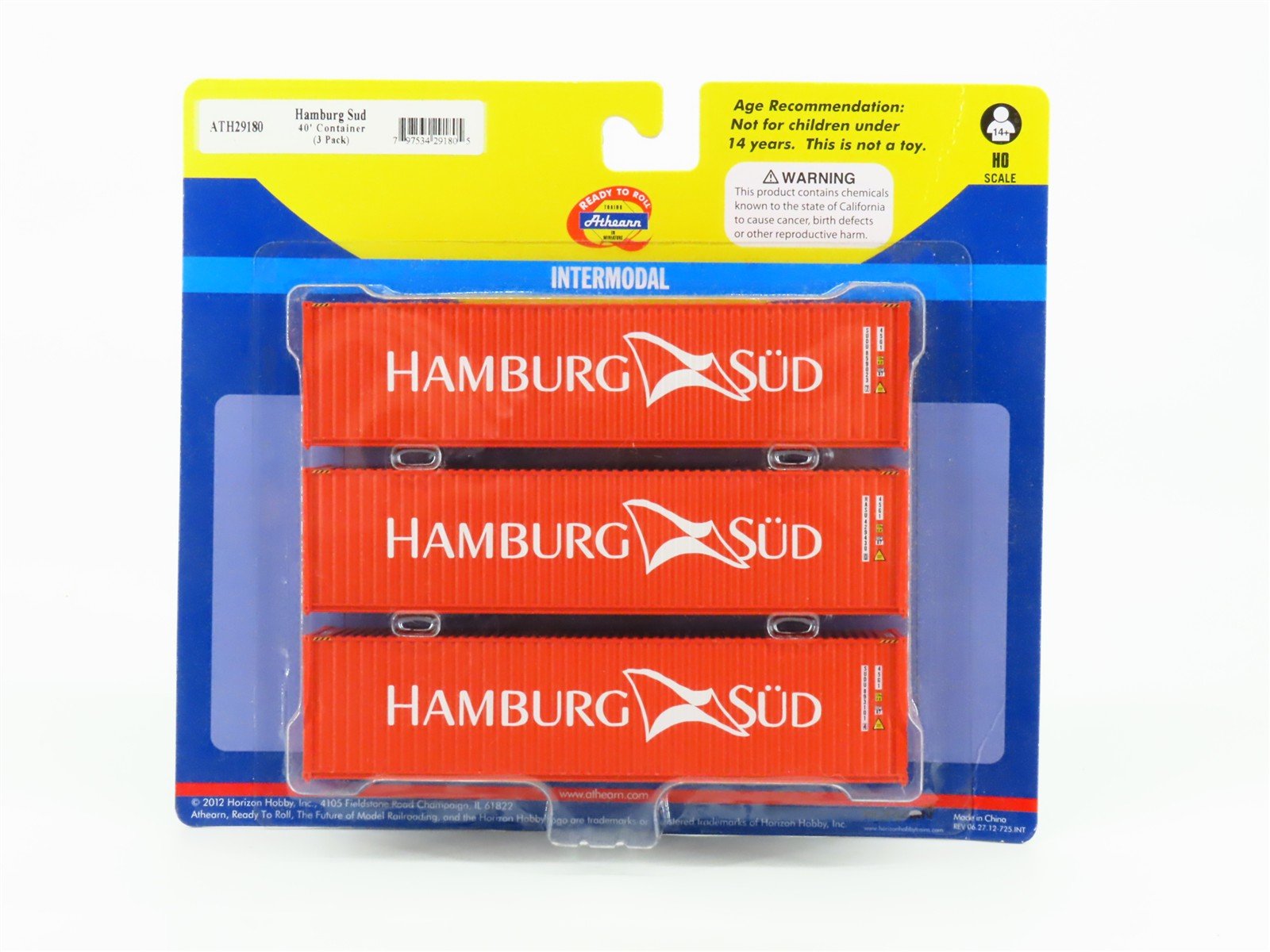 HO Scale Athearn ATH29180 Hamburg Sud 40' Containers 3-Pack Sealed