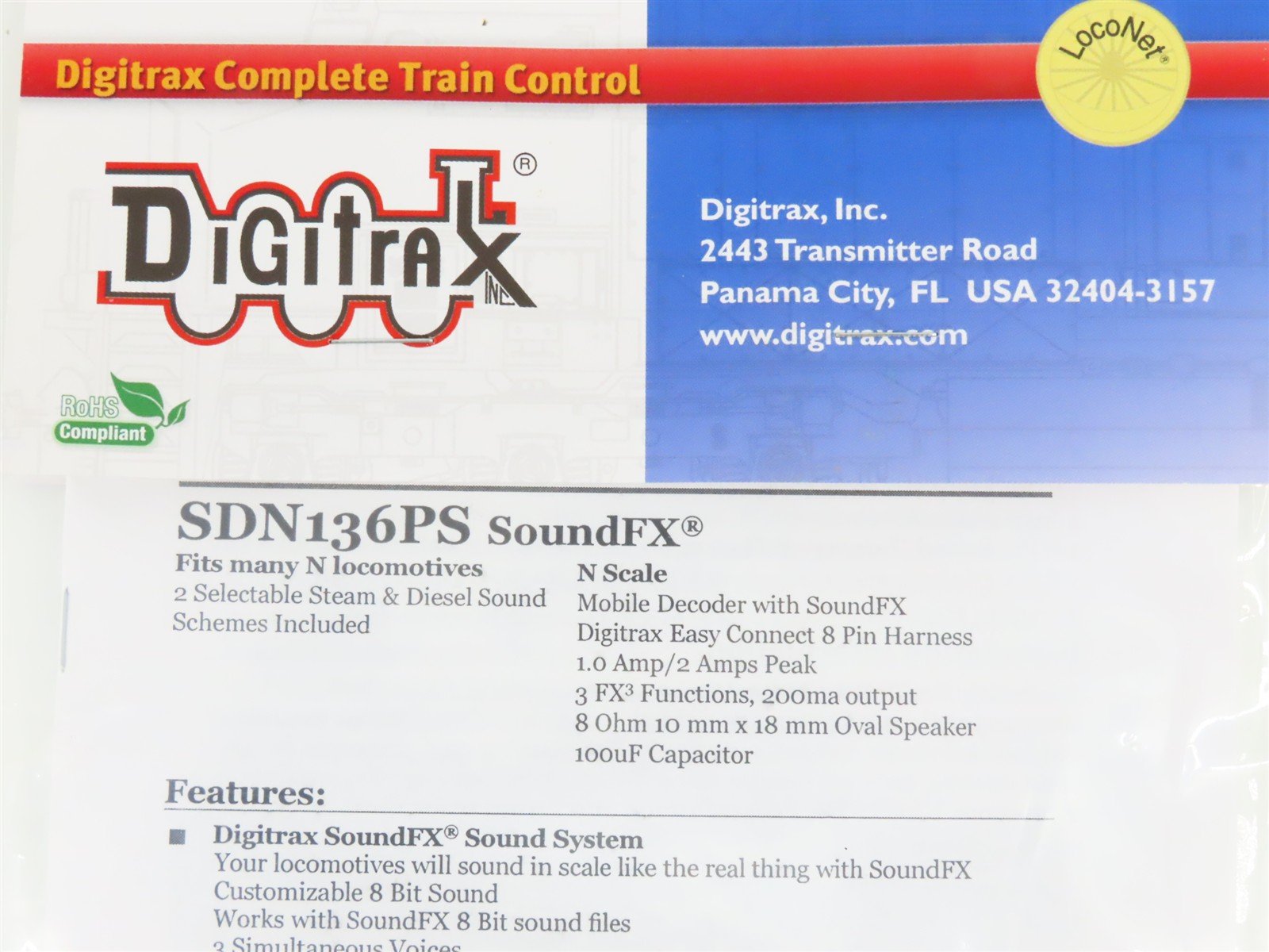 Digitrax SDN136PS SoundFX N Steam & Diesel 8-Pin DCC / SOUND Decoder w/ Speakers