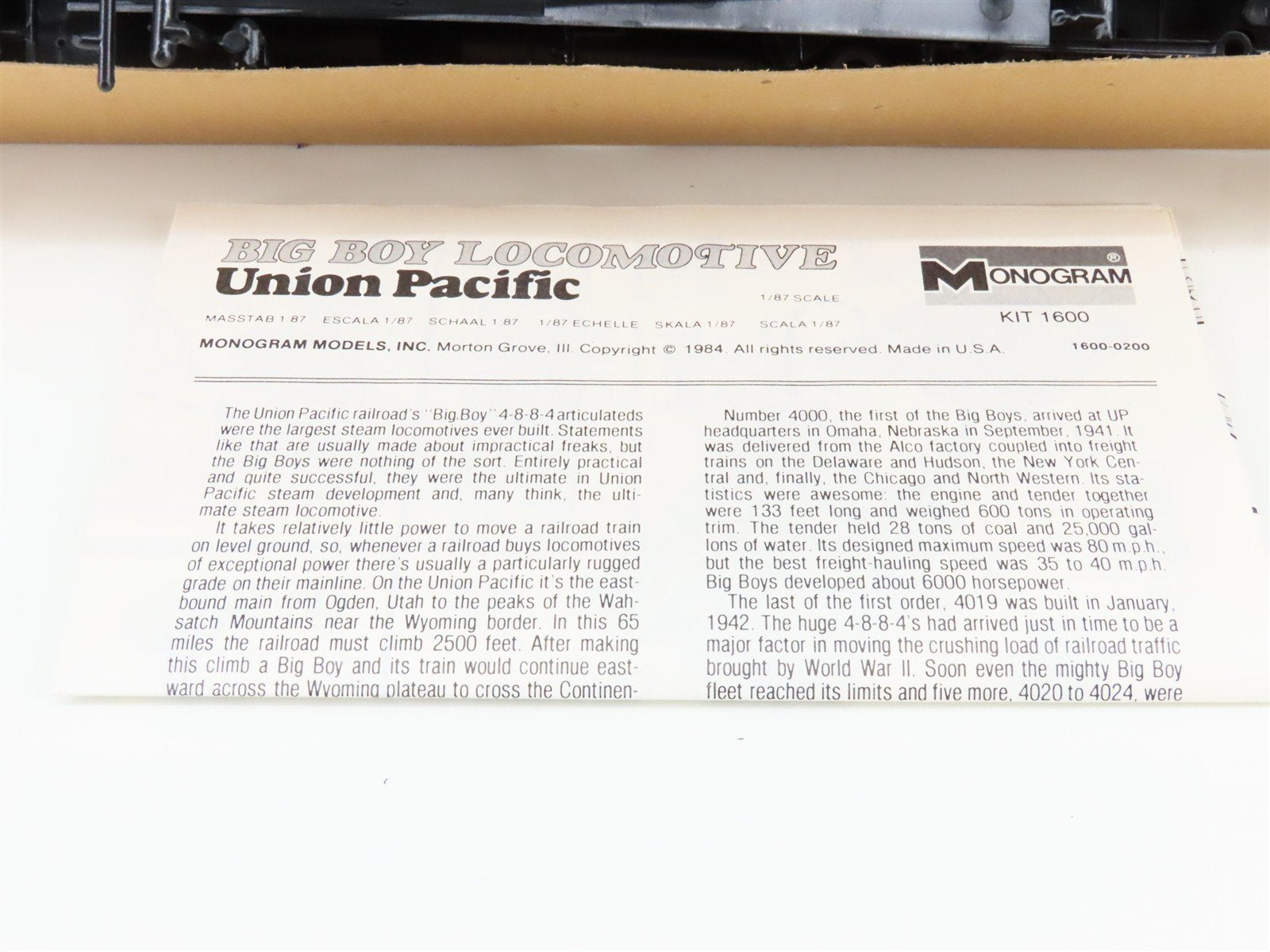 HO Scale Monogram 1600 UP Union Pacific 4-8-8-4 Steam Loco Kit STATIC MODEL