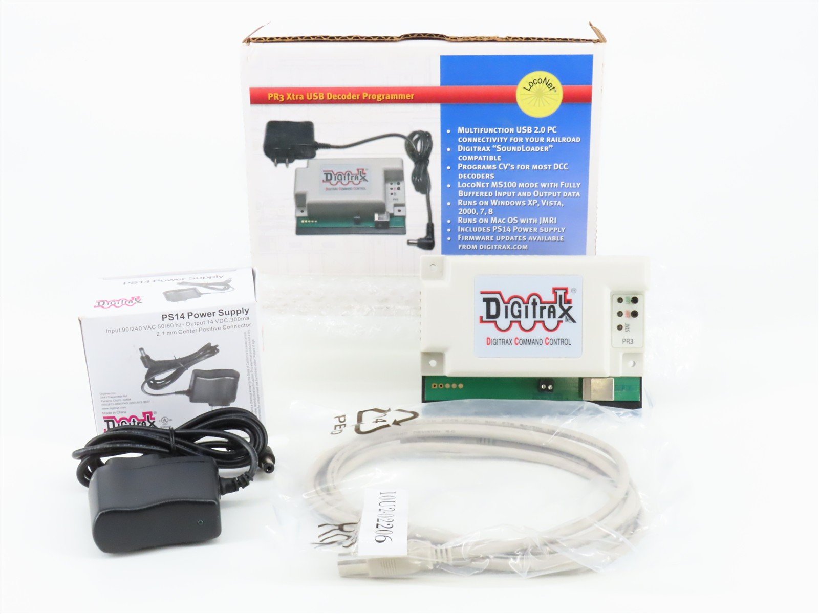 Digitrax PR3 Xtra LocoNet USB DCC Decoder Programmer w/ PS14 Power Supply