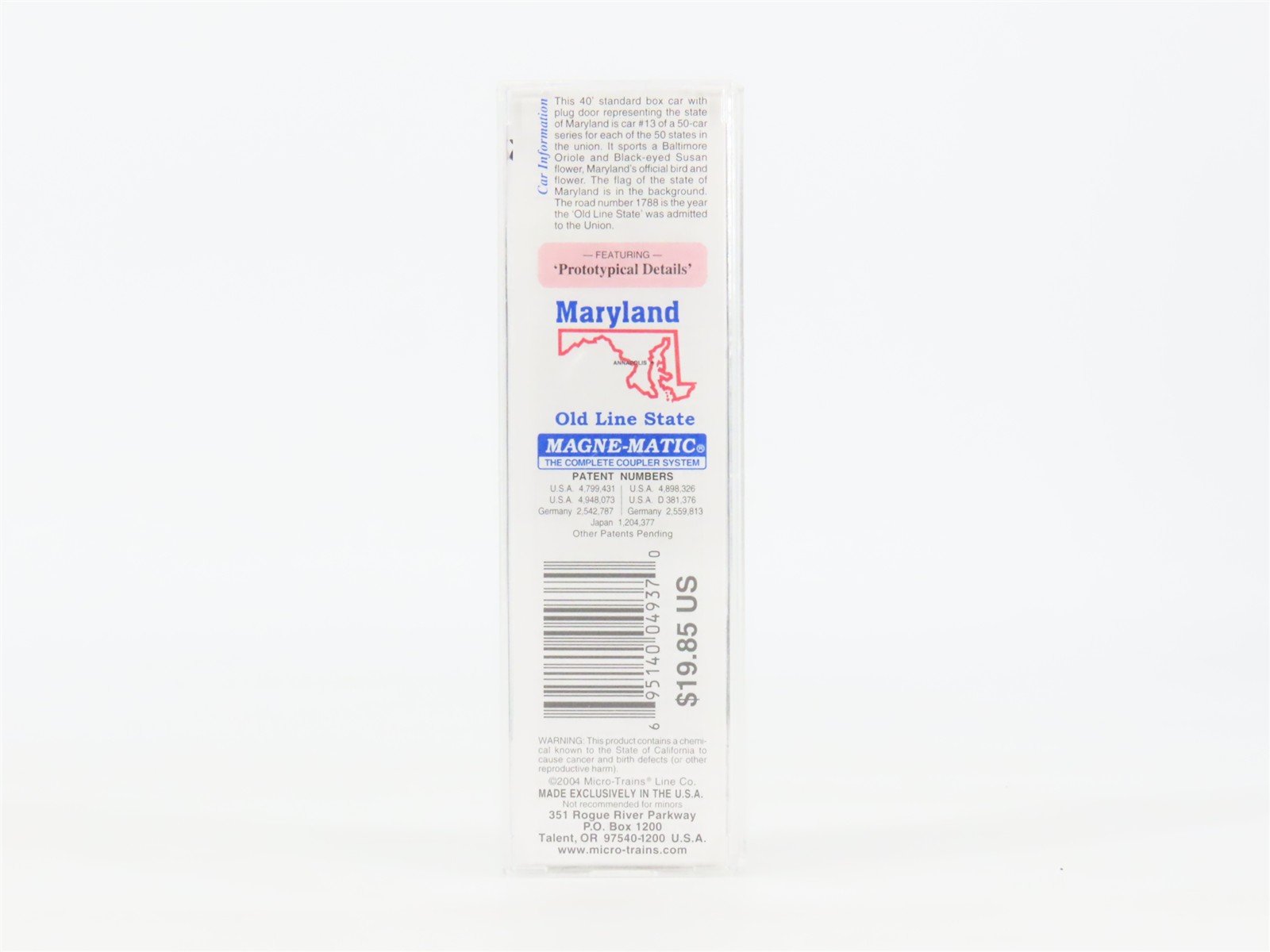 N Scale Micro-Trains MTL 21377 MD Maryland State 40' Standard Boxcar #1788
