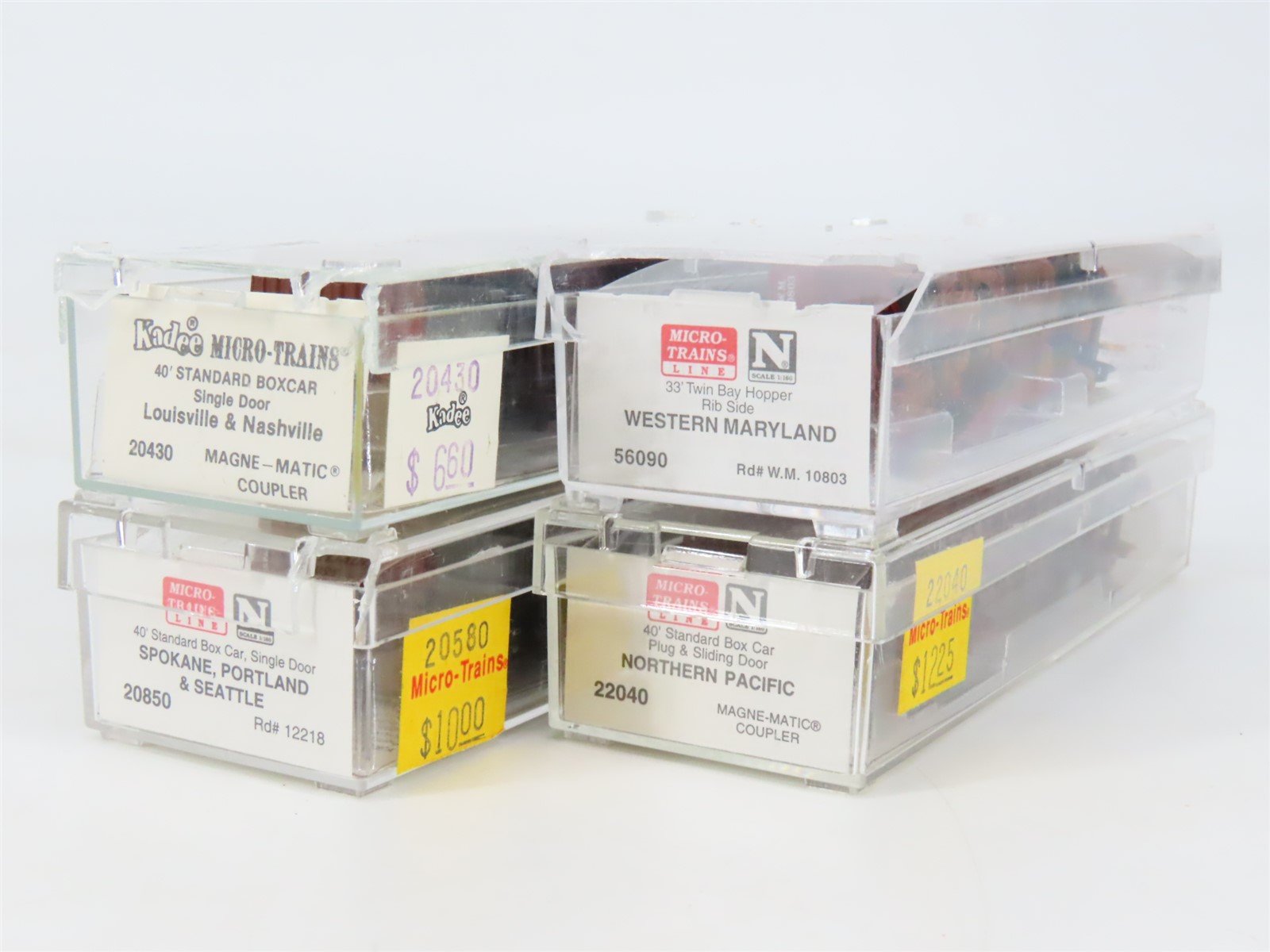 LOT of 4 N Scale Micro-Trains MTL SP&S/NP/WM/L&N 2-Bay Hoppers & Boxcars
