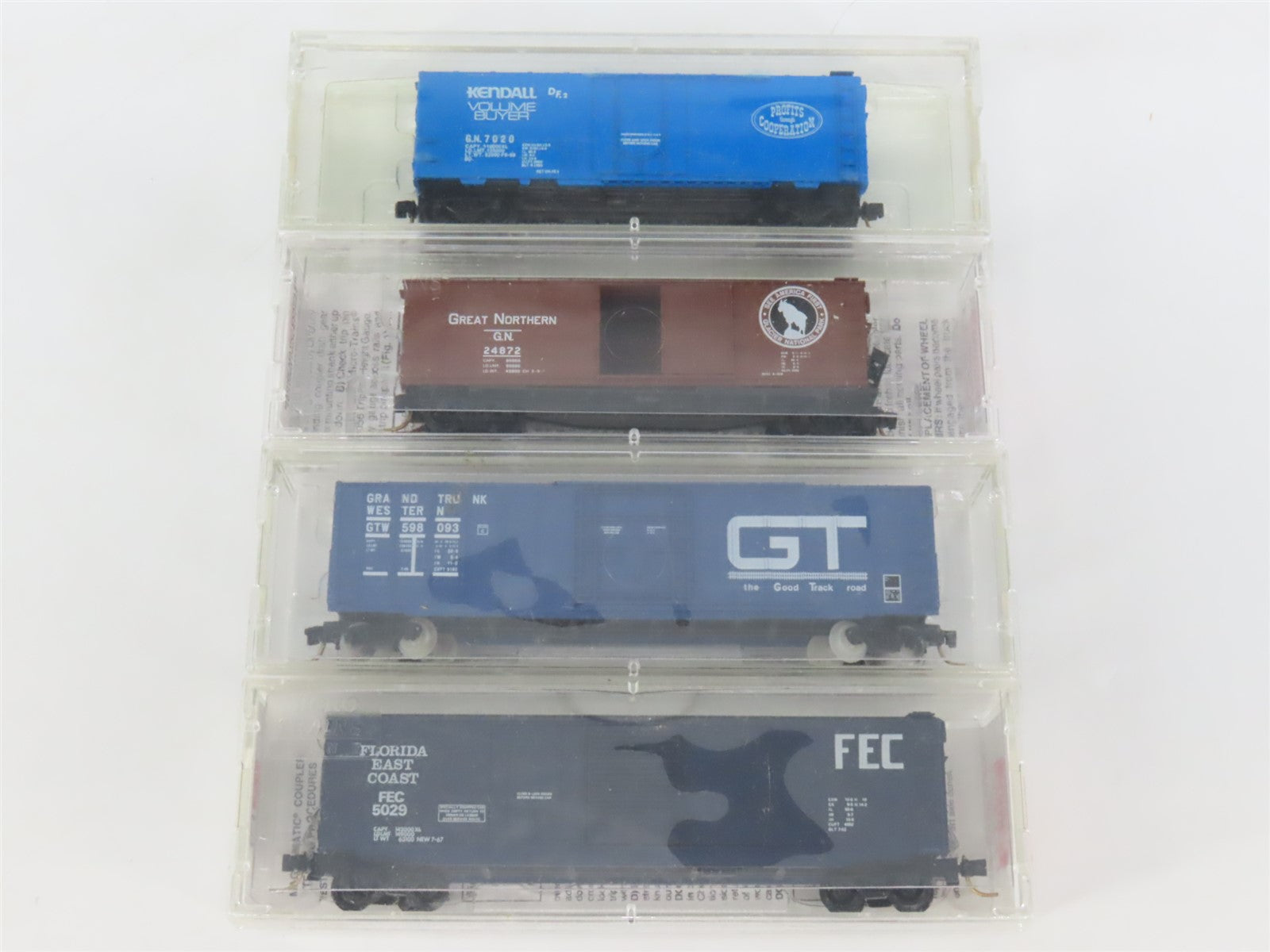 LOT of 4 N Scale Micro-Trains MTL GN/FEC/GTW Assorted 40' & 50' Boxcars