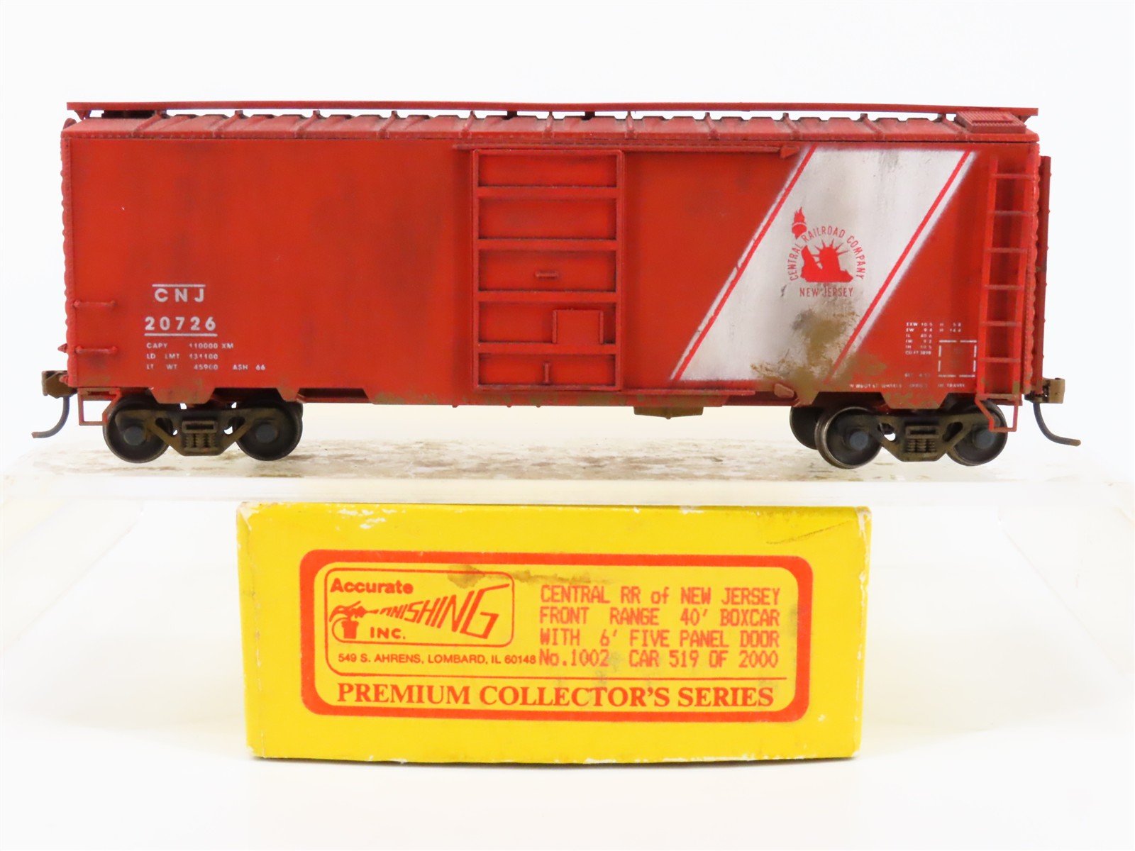 HO Scale Accurate 1002 CNJ Central of New Jersey 40' Boxcar #20726 Weathered