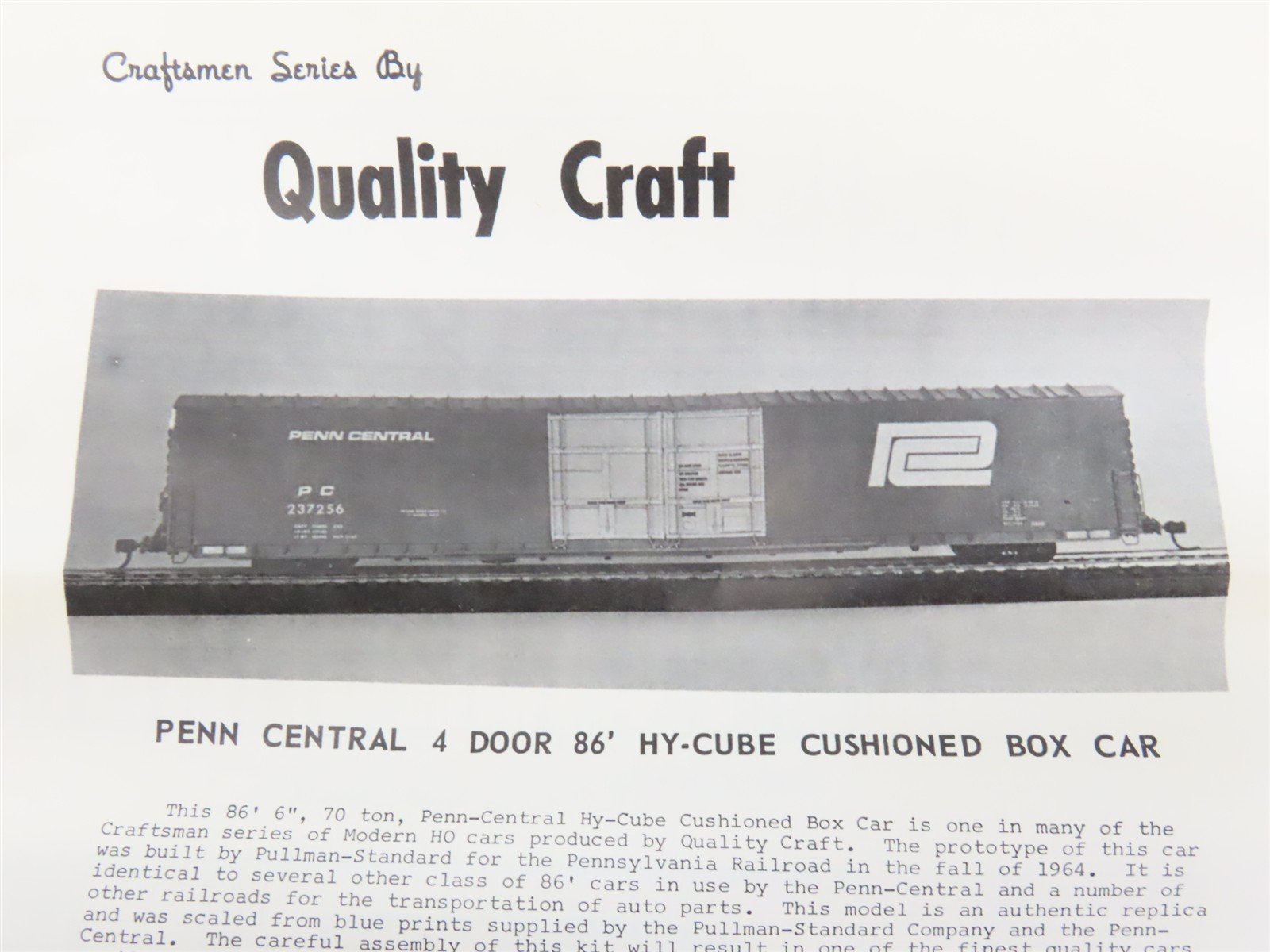 HO Scale Quality Craft Models Kit P-4 PC Penn Central 86' 4-Door Hy-Cube Box Car