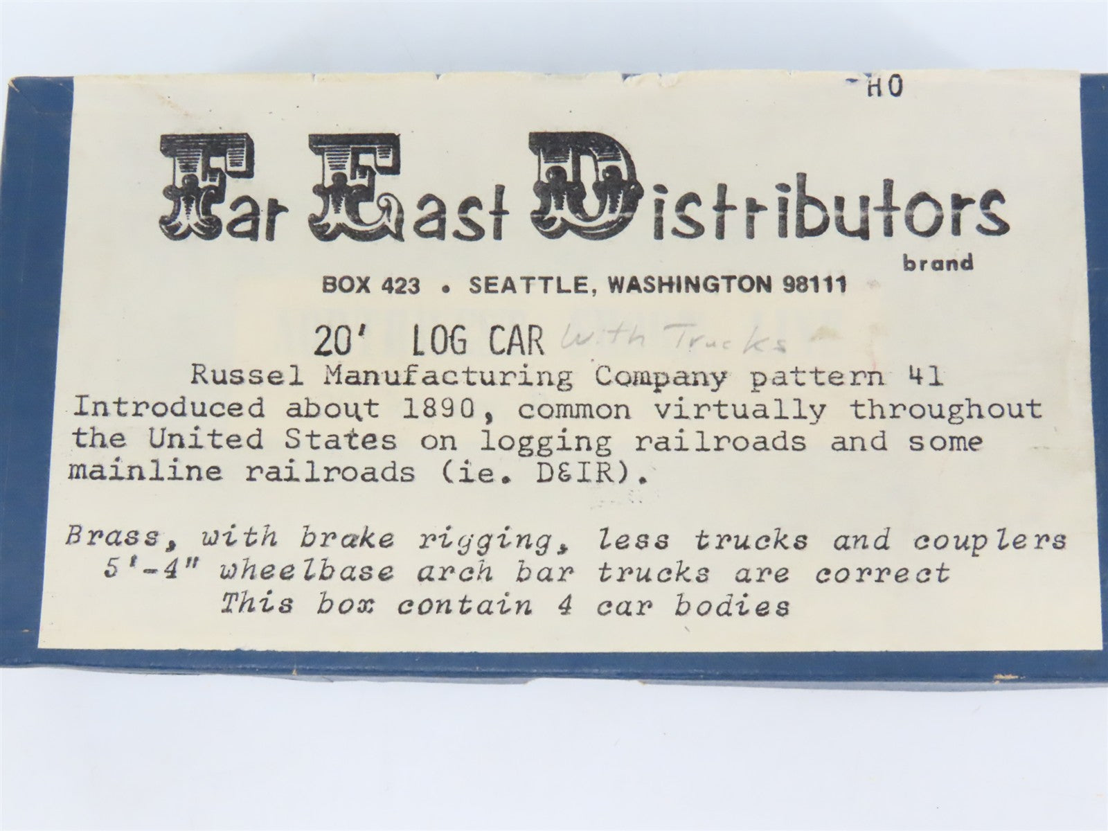HO Scale Far East Distributors Brass Kit of Four 20' Log Cars
