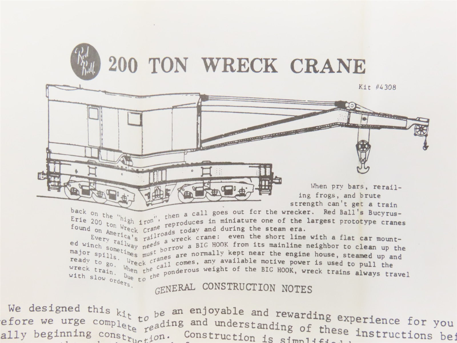 HO Scale REDBALL Kit 4308 Unpainted 200-Ton Wreck Crane