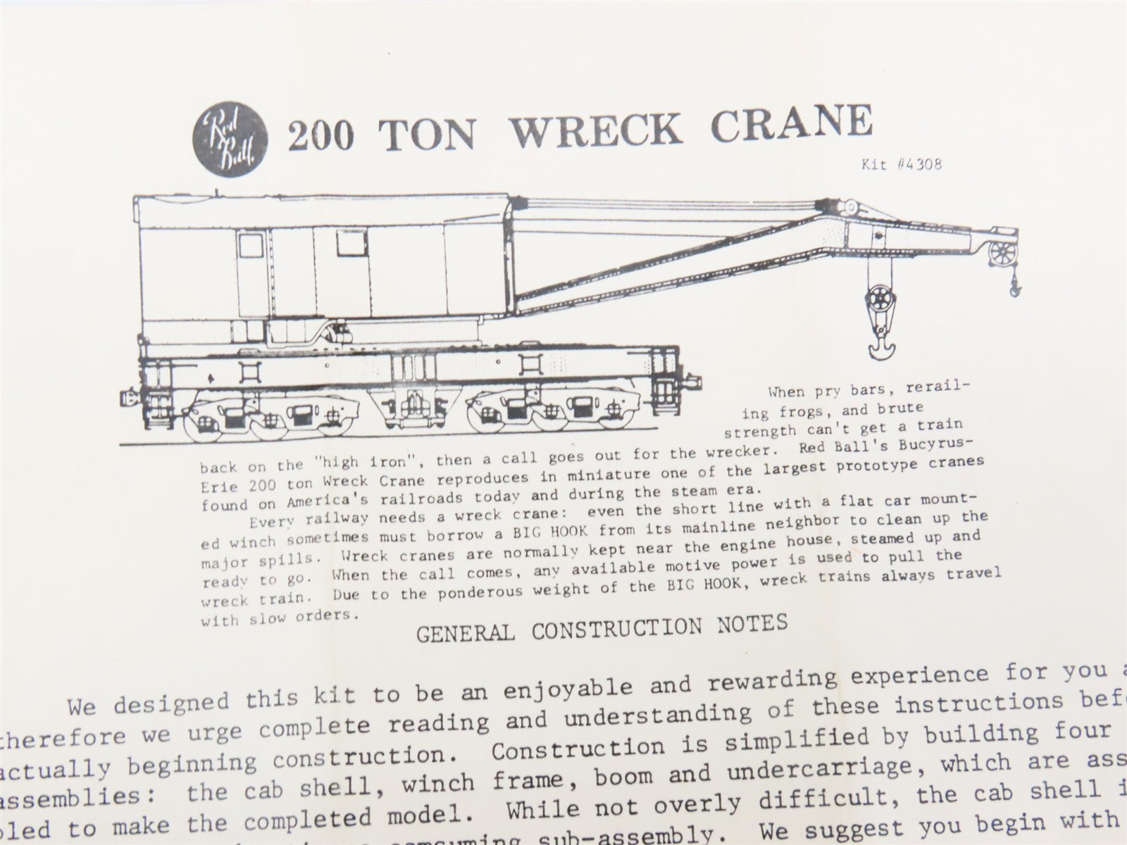 HO Scale REDBALL Kit 4308 Unpainted 200-Ton Wreck Crane