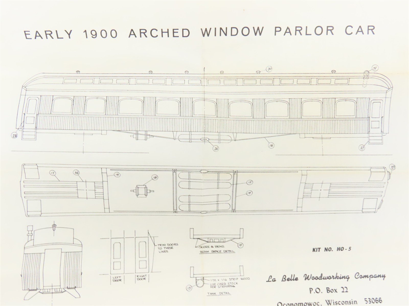 HO LaBelle Craftsman Kit Undecorated 1900 Arch-Window Parlor Passenger + Trucks