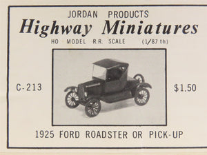 HO 1/87 Scale Jordan Highway Miniatures Kit #C-213 1925 Ford Roadster or Pick-Up