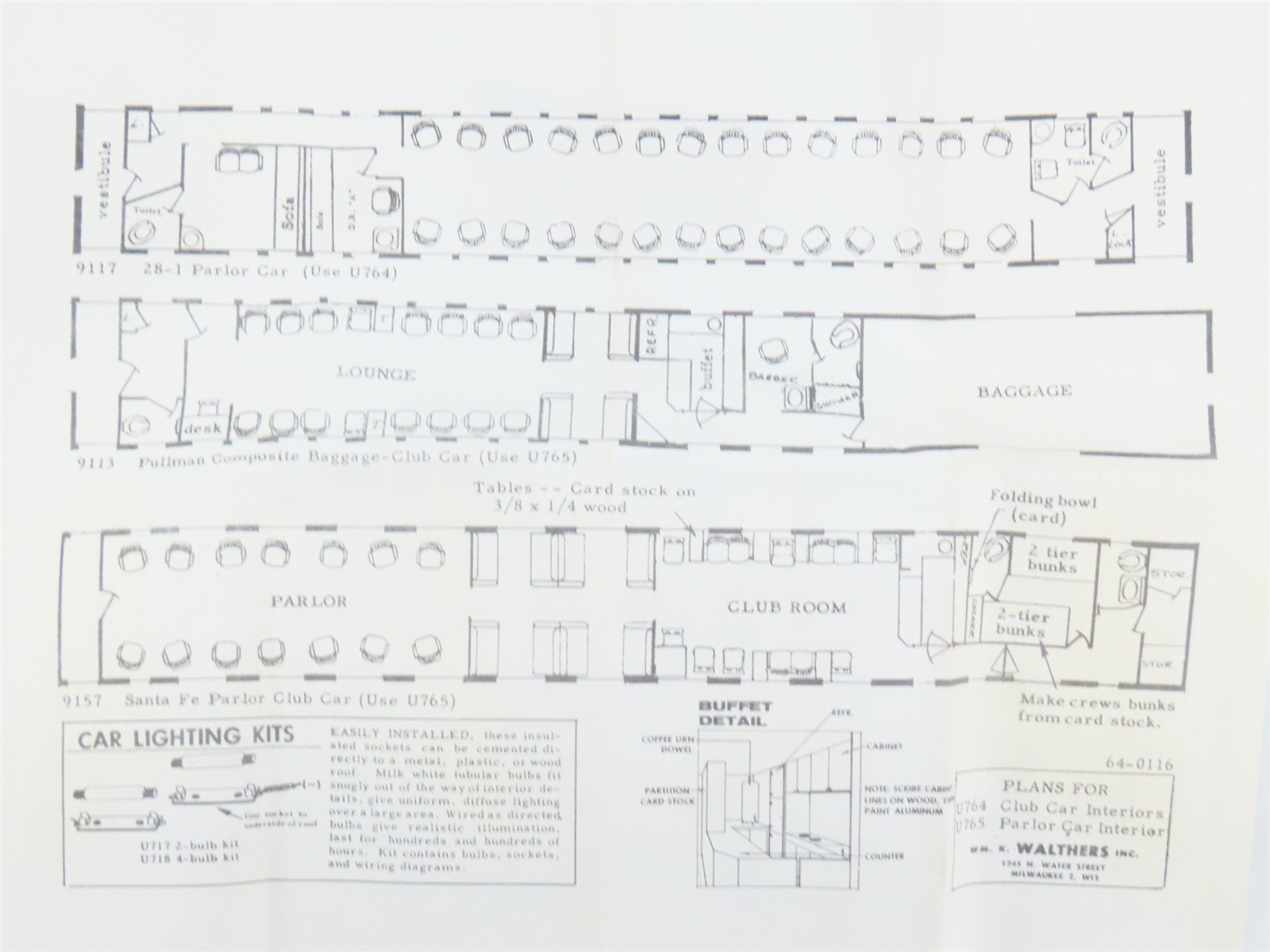 O 1/48 Scale Walthers U765 Parlor Club Passenger Interior Detailing Kit
