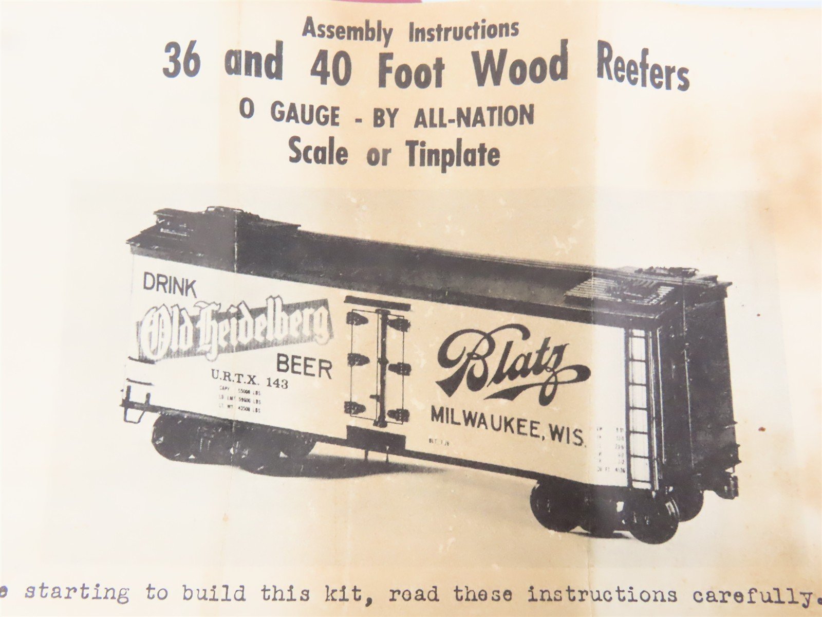 O Scale 2-Rail All-Nation 3584 URTC Schlitz 36' Reefer Car #92203 Kit