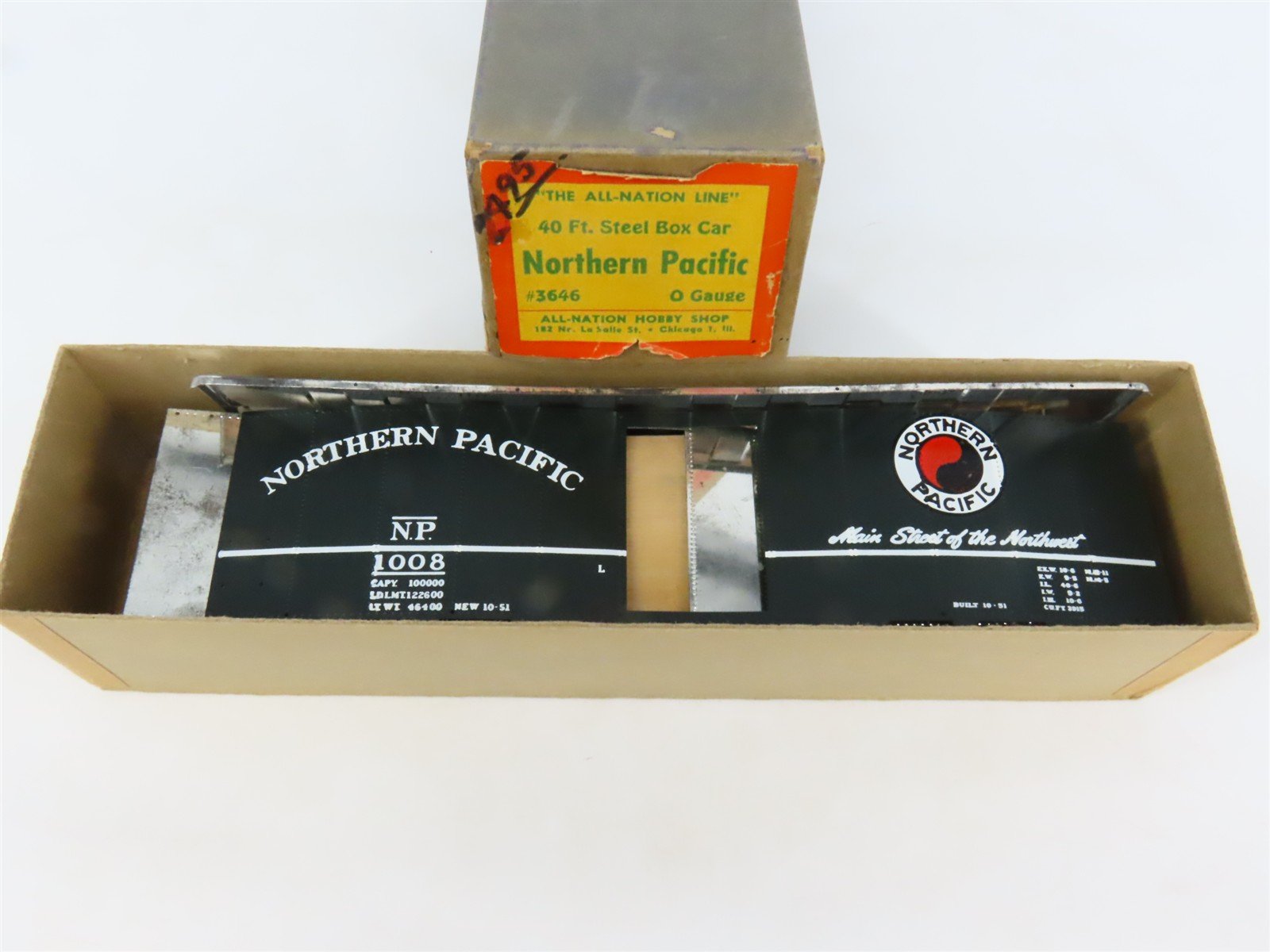 O 2-Rail All-Nation 3646 NP Northern Pacific 40' Steel Boxcar #1008 Kit