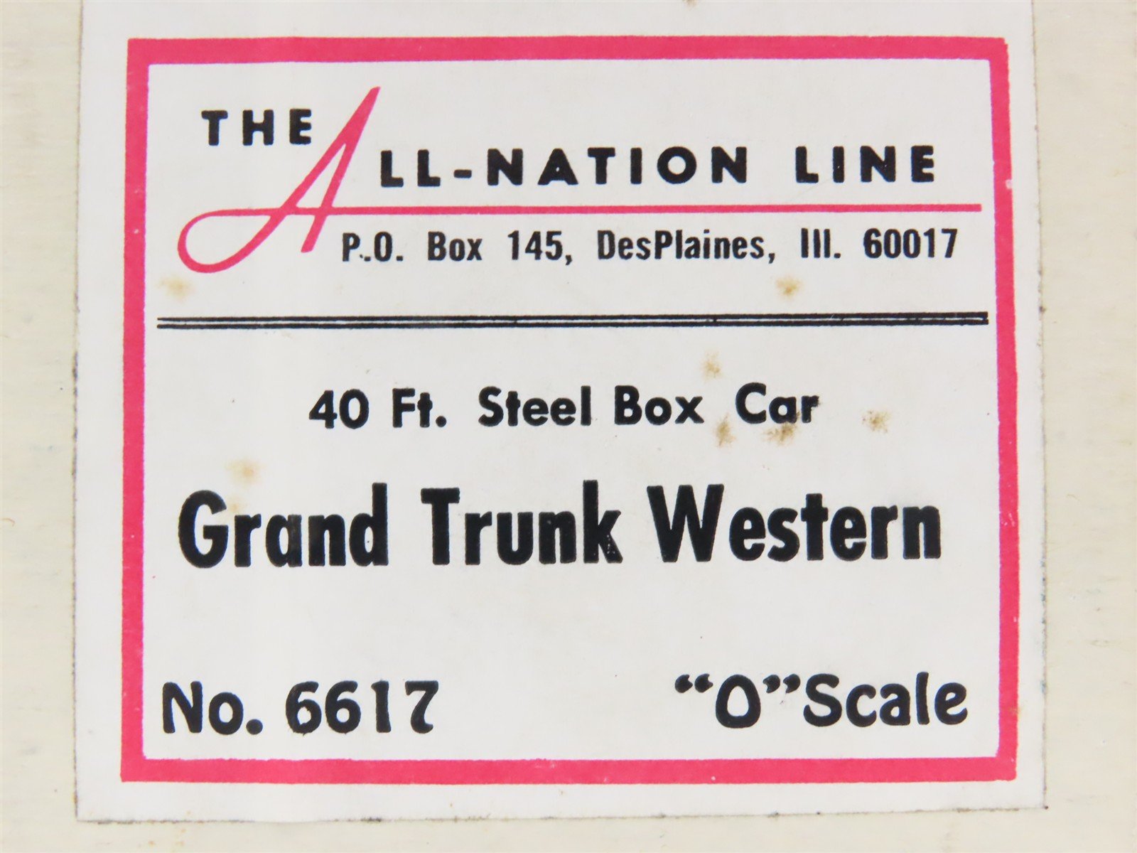 O Scale 2-Rail All-Nation 6617 GTW Grand Trunk Western Boxcar #515001 Kit