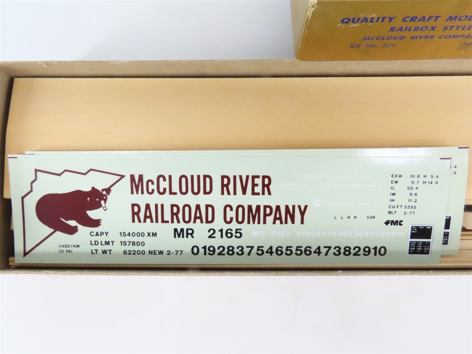 O 2-Rail Quality Craft Kit #539 Undecorated McCloud River Railbox-Style Box Car
