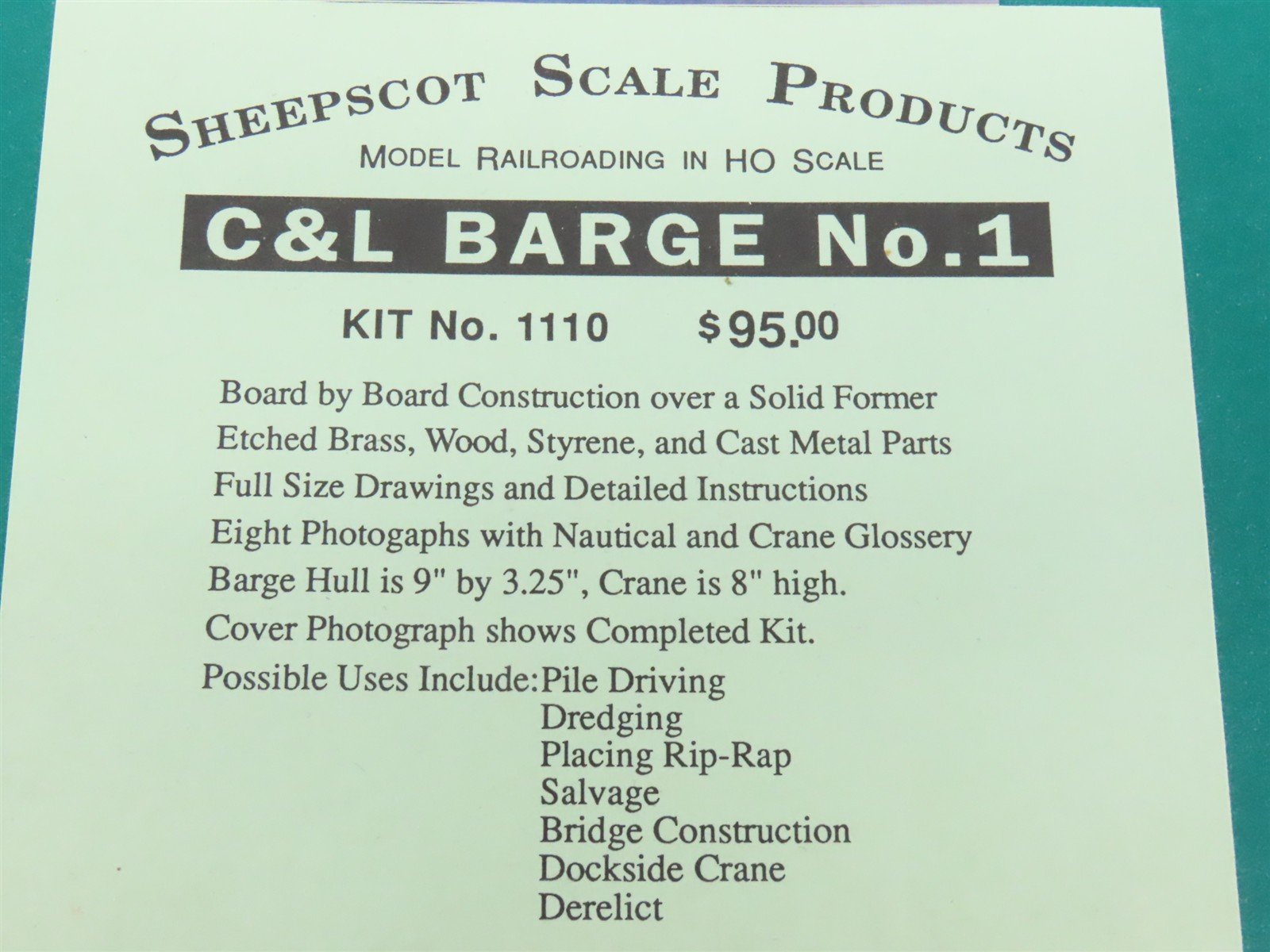 HO 1/87 Sheepscot Scale Products Craftsman Kit #1110 C&L Barge No. 1