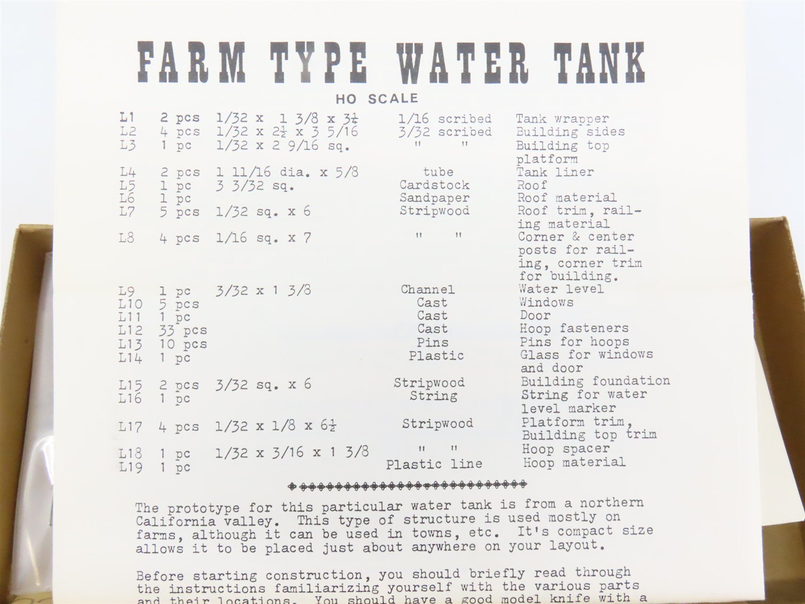 HO 1/87 Scale Sugar Pine Models Craftsman Kit #111 Farm Water Tank