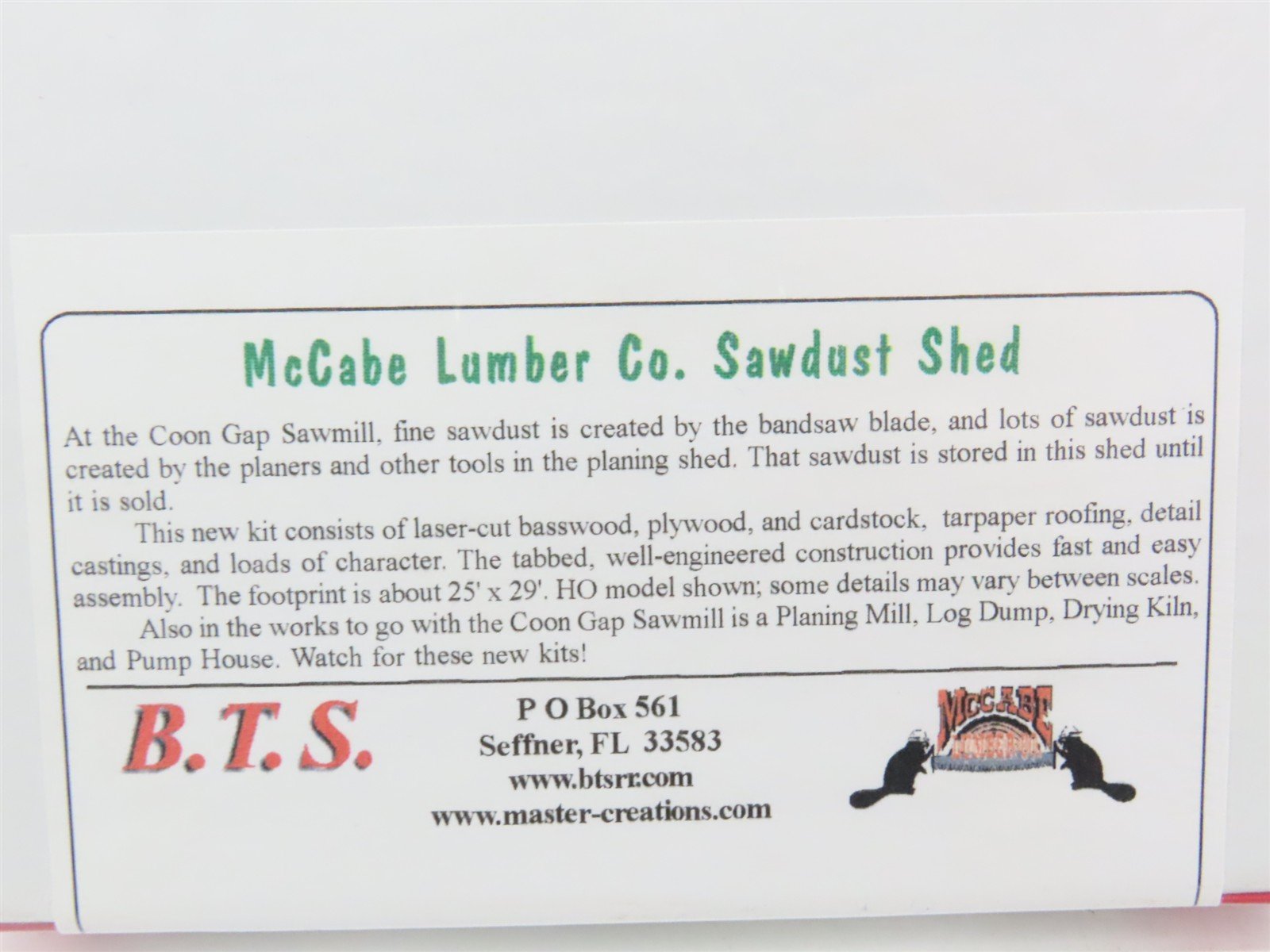 HO 1/87 Scale B.T.S. Laser-cut Kit #28220 McCabe Sawdust Shed - SEALED
