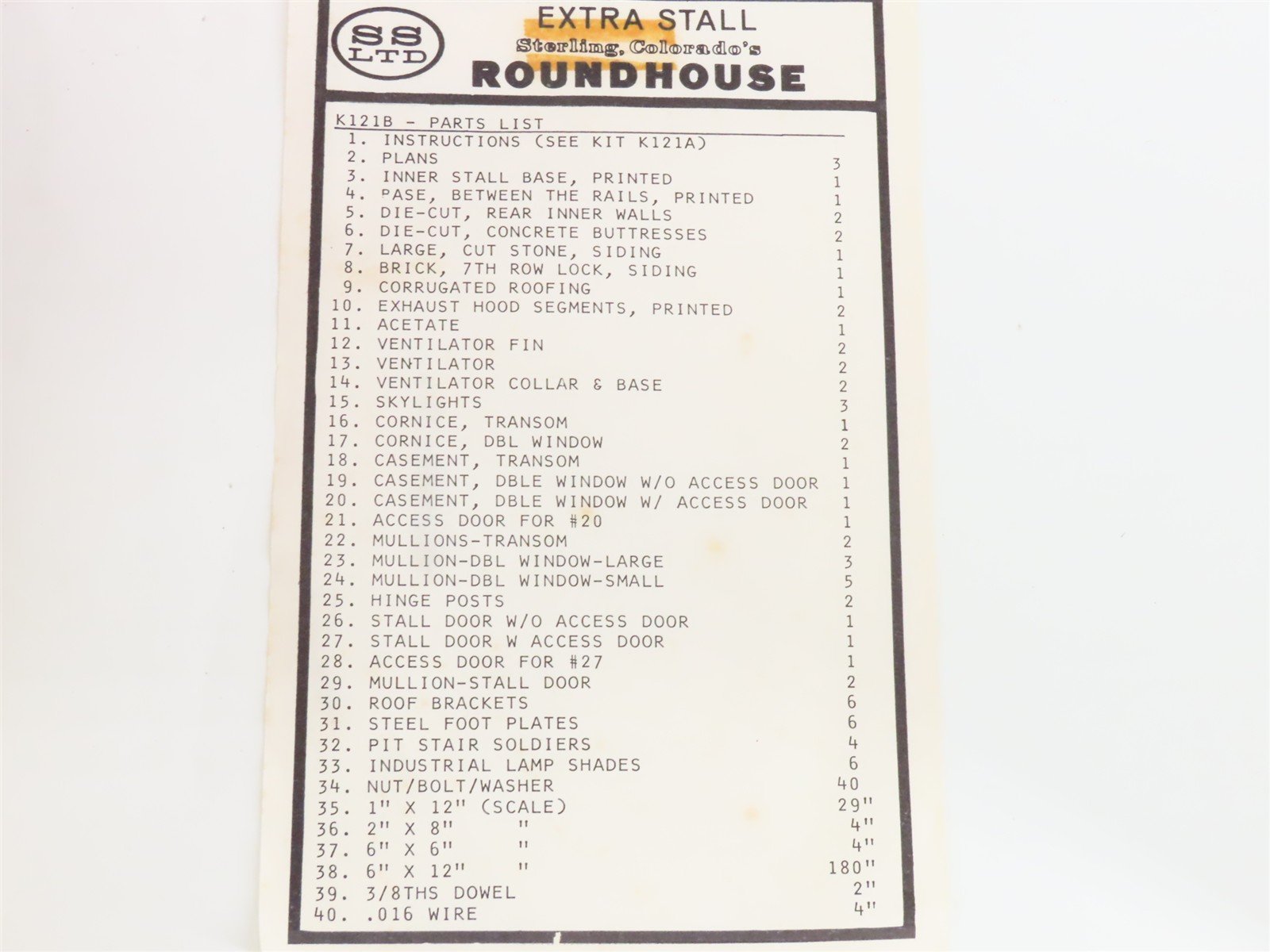 HO Scale SS Ltd K121B Extra Stall for Sterling, CO Roundhouse Building Kit