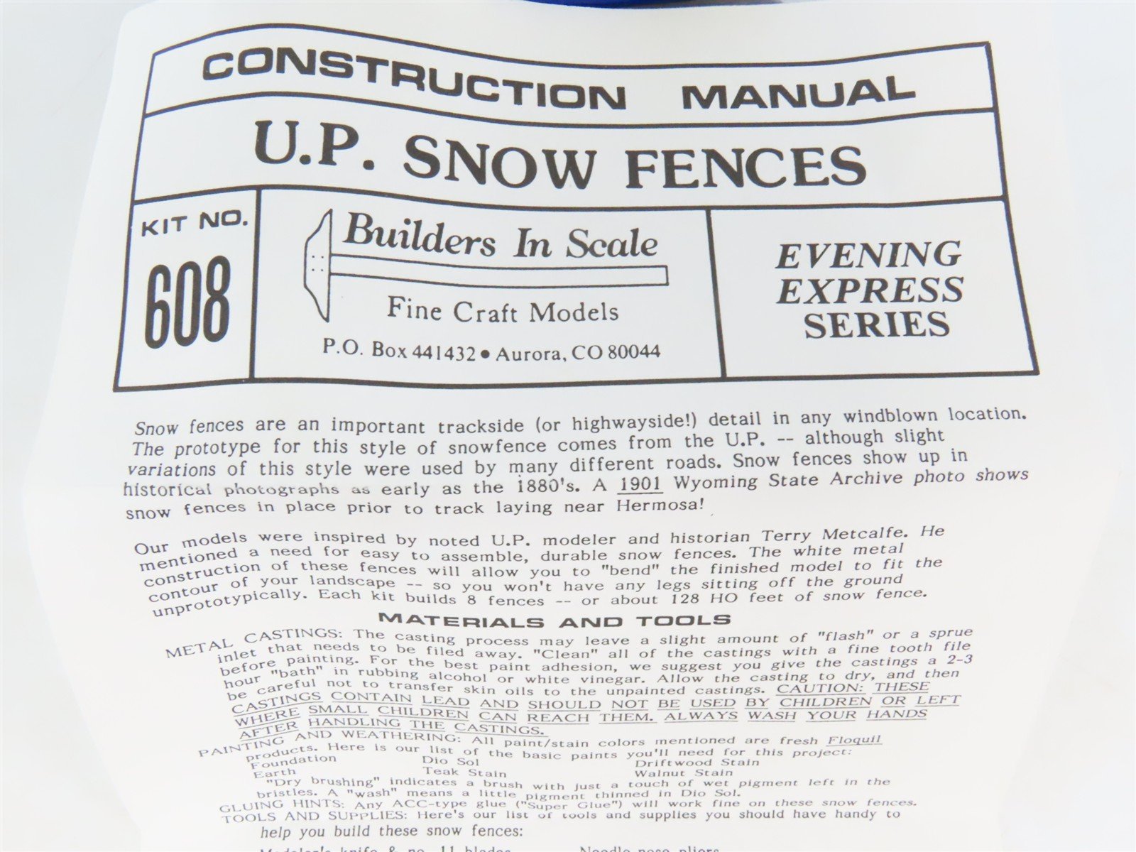 HO 1/87 Builders In Scale Evening Express Kit #608 UP Snow Fences