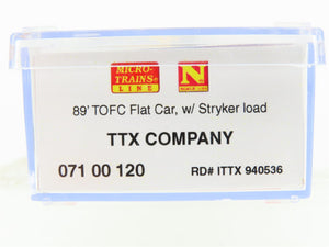 N Micro-Trains MTL 07100120 ITTX TTX 89' TOFC Flat Car #940536 w/ Stryker Load
