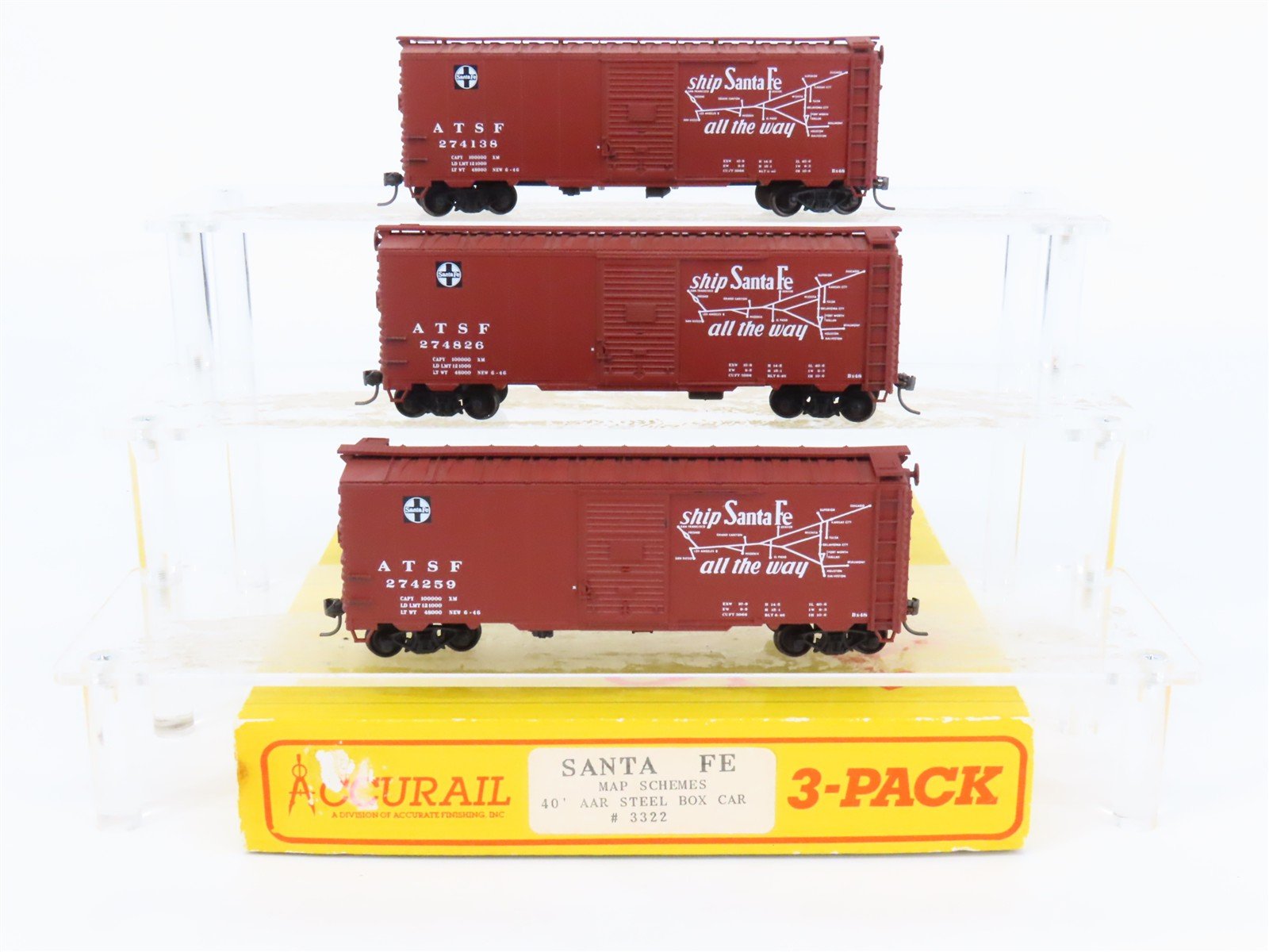 HO Scale Accurail 3322 ATSF Santa Fe 40' Boxcar 3-Pack Built-up Kits