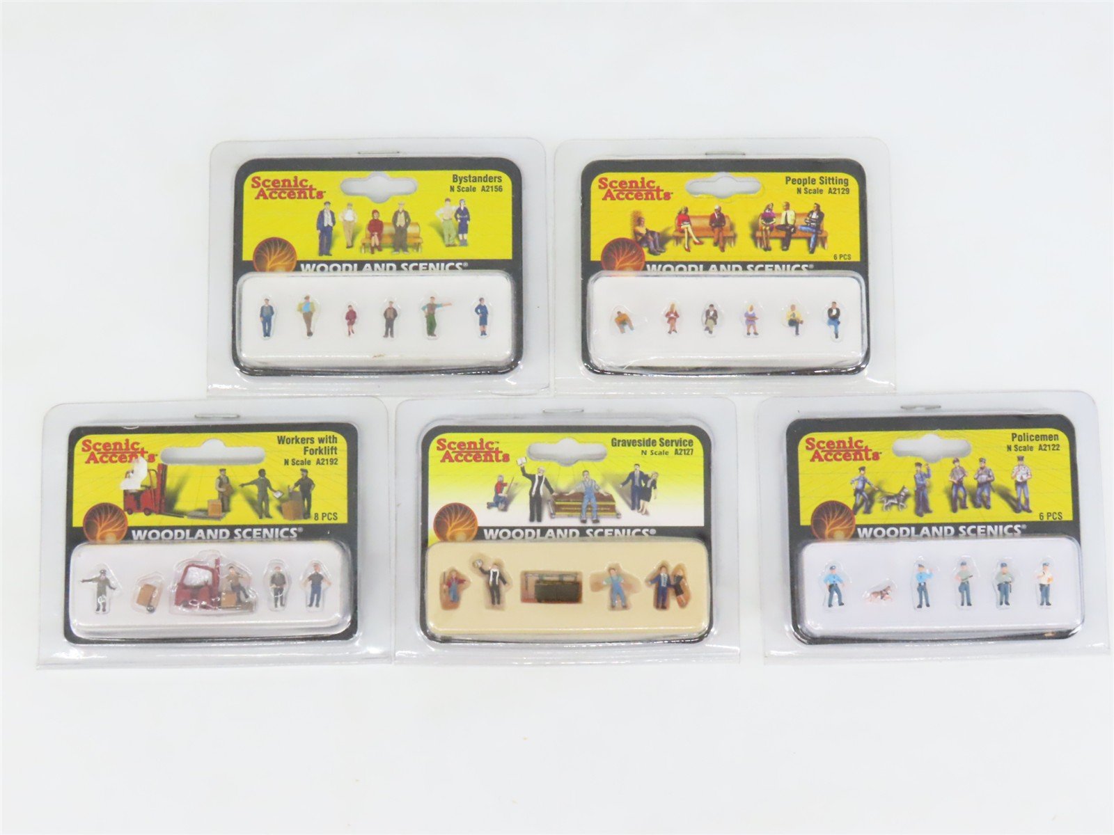 LOT of 5 N Scale Woodland Scenics Figure Packs: Police, Bystanders, Graveside +