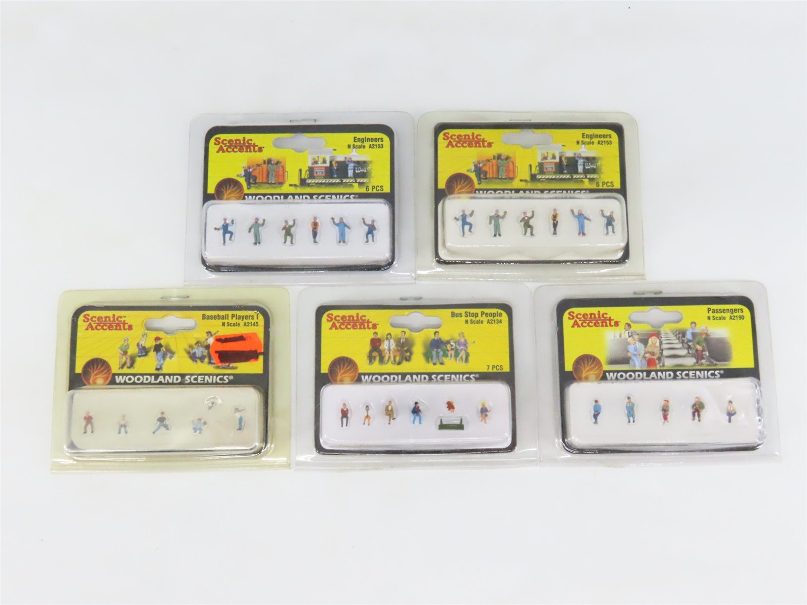 LOT of 5 N Scale Woodland Scenics Figure Packs: Engineers, Baseball, Passenger +