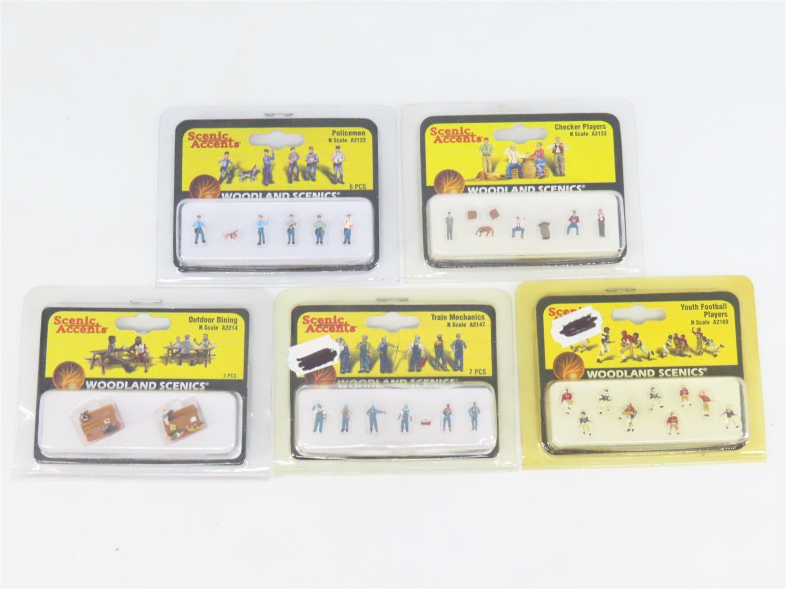 LOT of 5 N Scale Woodland Scenics Figure Packs: Mechanics, Football, Checkers +