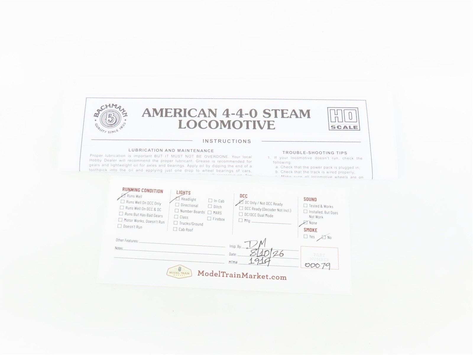 HO Scale Bachmann 51101 UP Union Pacific 4-4-0 American Steam Locomotive #119