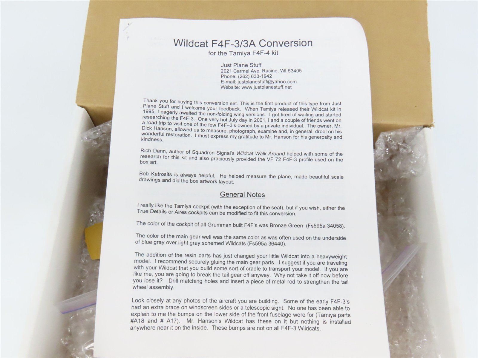 O 1/48 Just Plane Stuff #JPS016 F4F-3/3A Wildcat Conversion Kit for Tamiya F4F-4