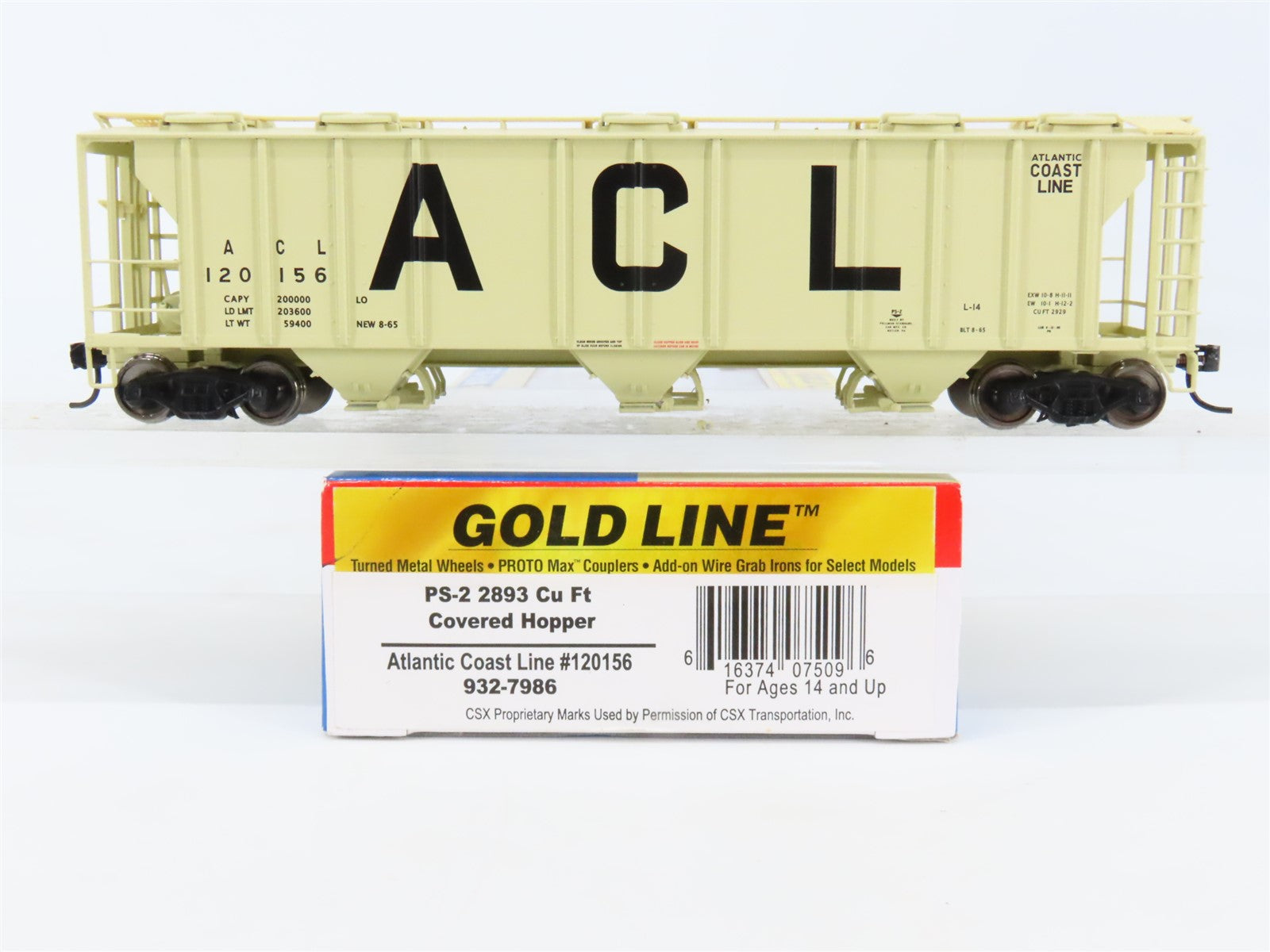 HO Walthers Gold 932-7986 ACL Atlantic Coast Line 3-Bay Covered Hopper #120156