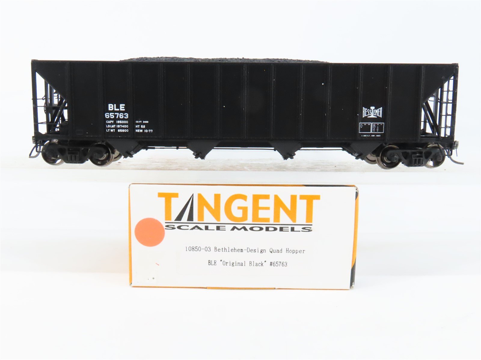 HO Scale Tangent 10850-03 B&LE Bessemer 4-Bay Bethlehem Hopper #65763 w/ Load