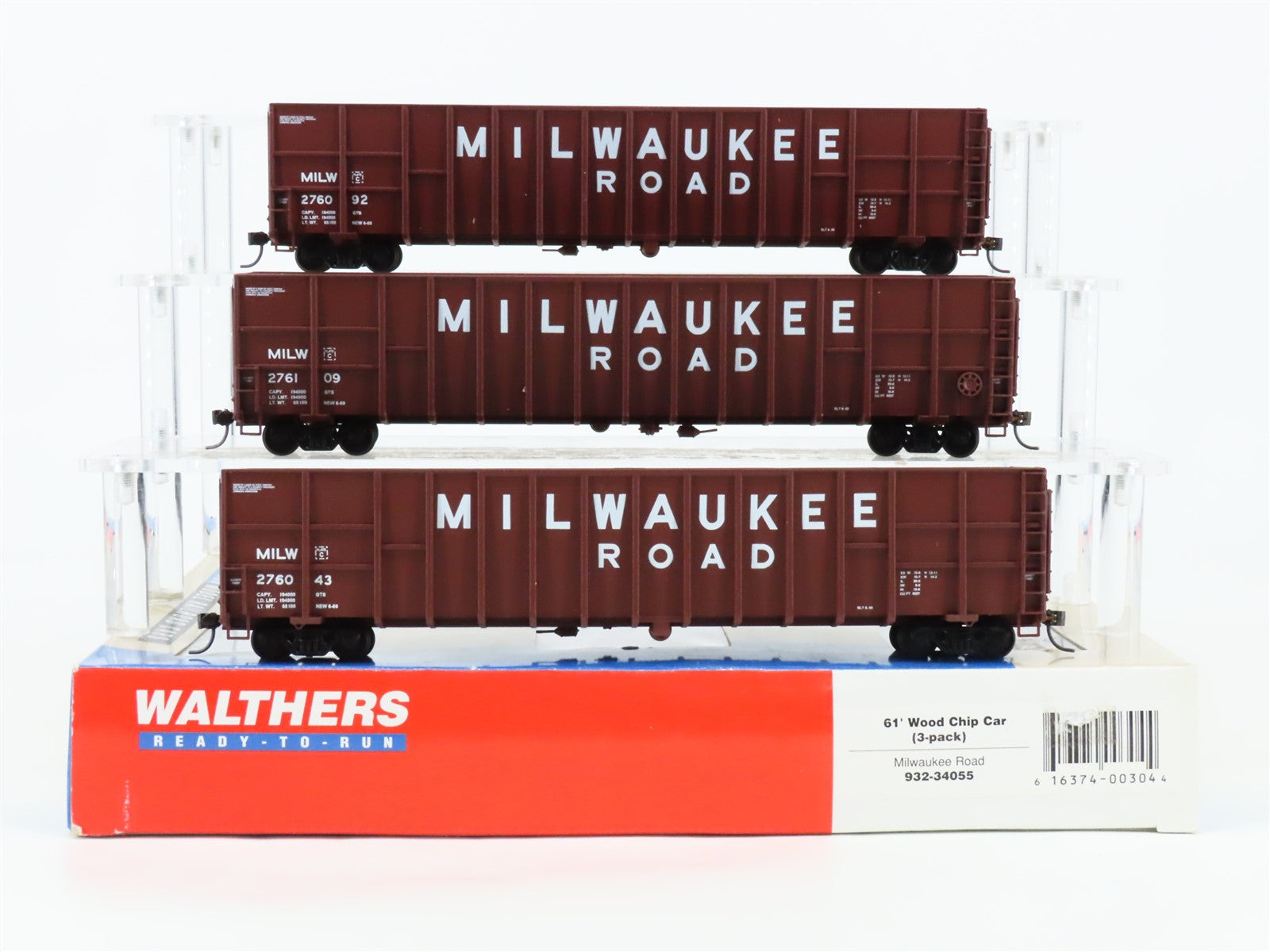 HO Scale Walthers 932-34055 MILW Milwaukee Road 61' Wood Chip Car 3-Pack RTR