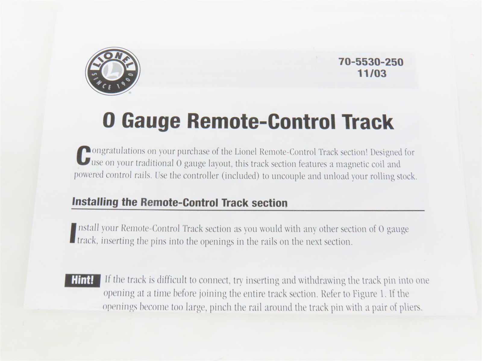 O Gauge 3-Rail Lionel 6-65530 Operating Straight Track Piece