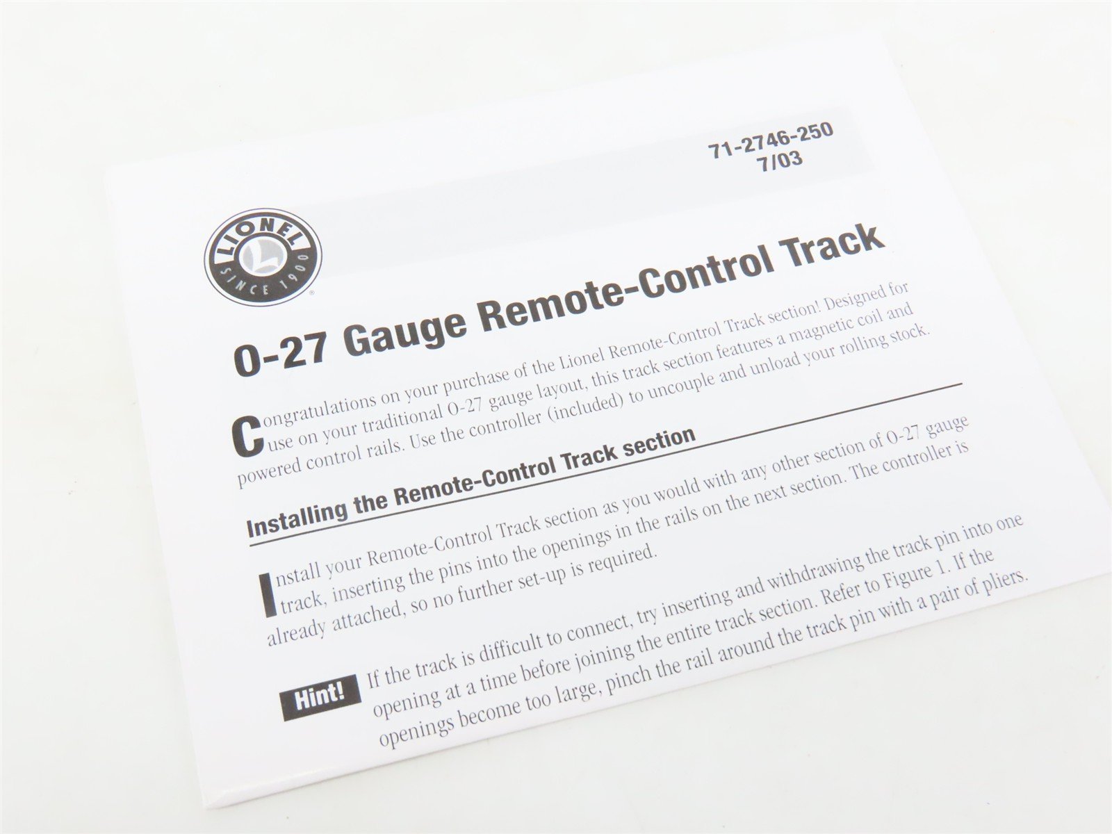 O-27 Gauge 3-Rail Lionel 6-12746 Operating Straight Track Piece