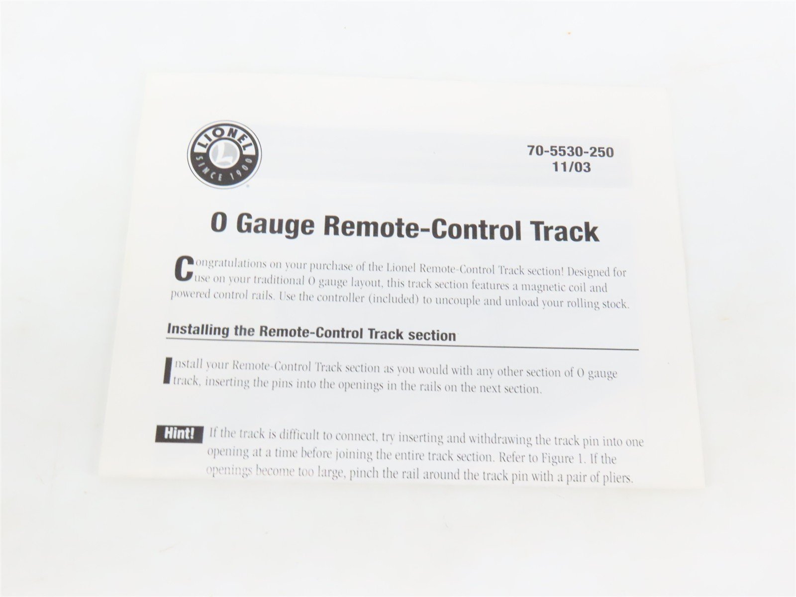 O Gauge 3-Rail Lionel 6-65530 Operating Straight Track Piece