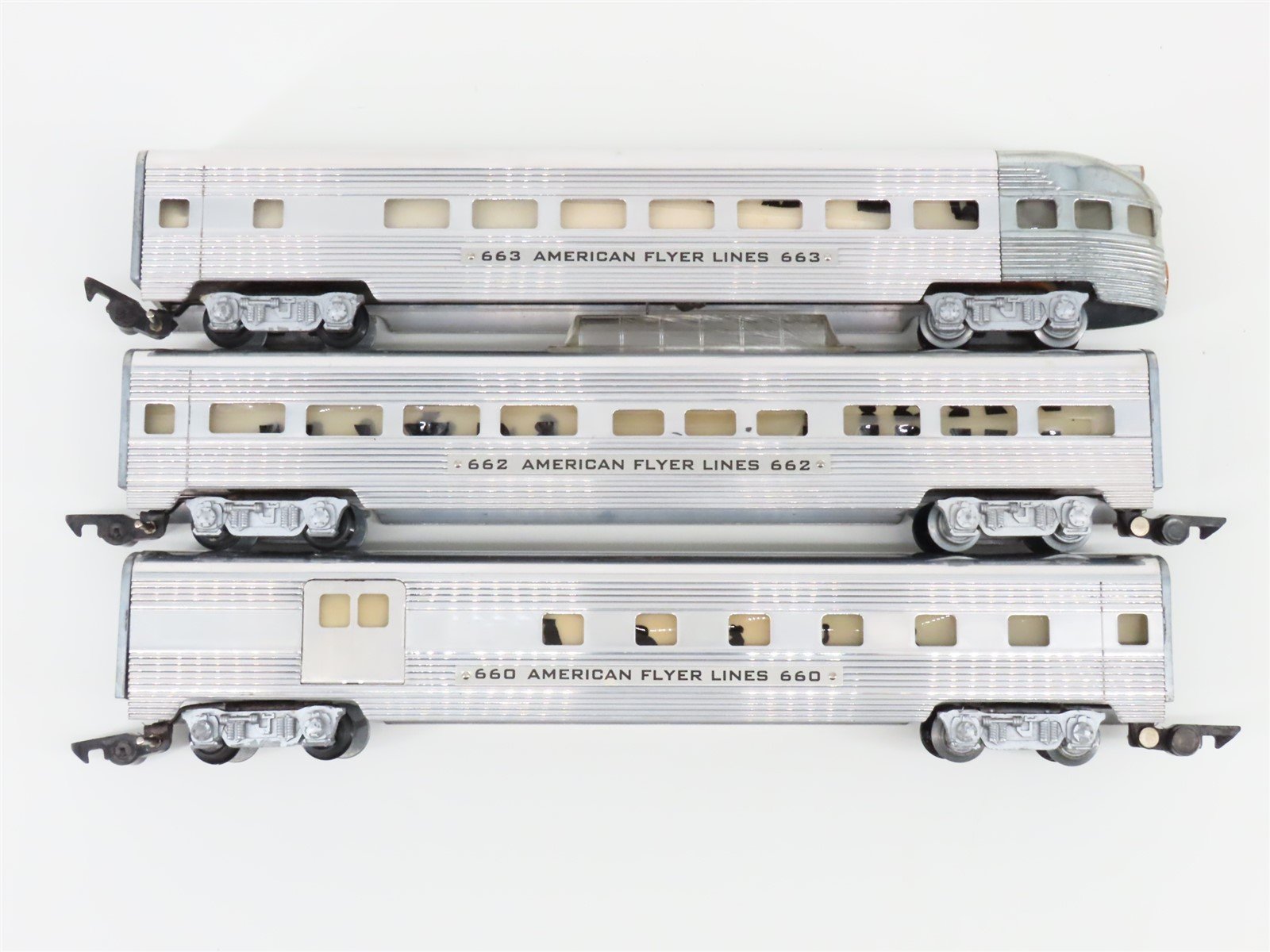 S Scale American Flyer Lines Streamlined Metal Passenger 3-Car Set