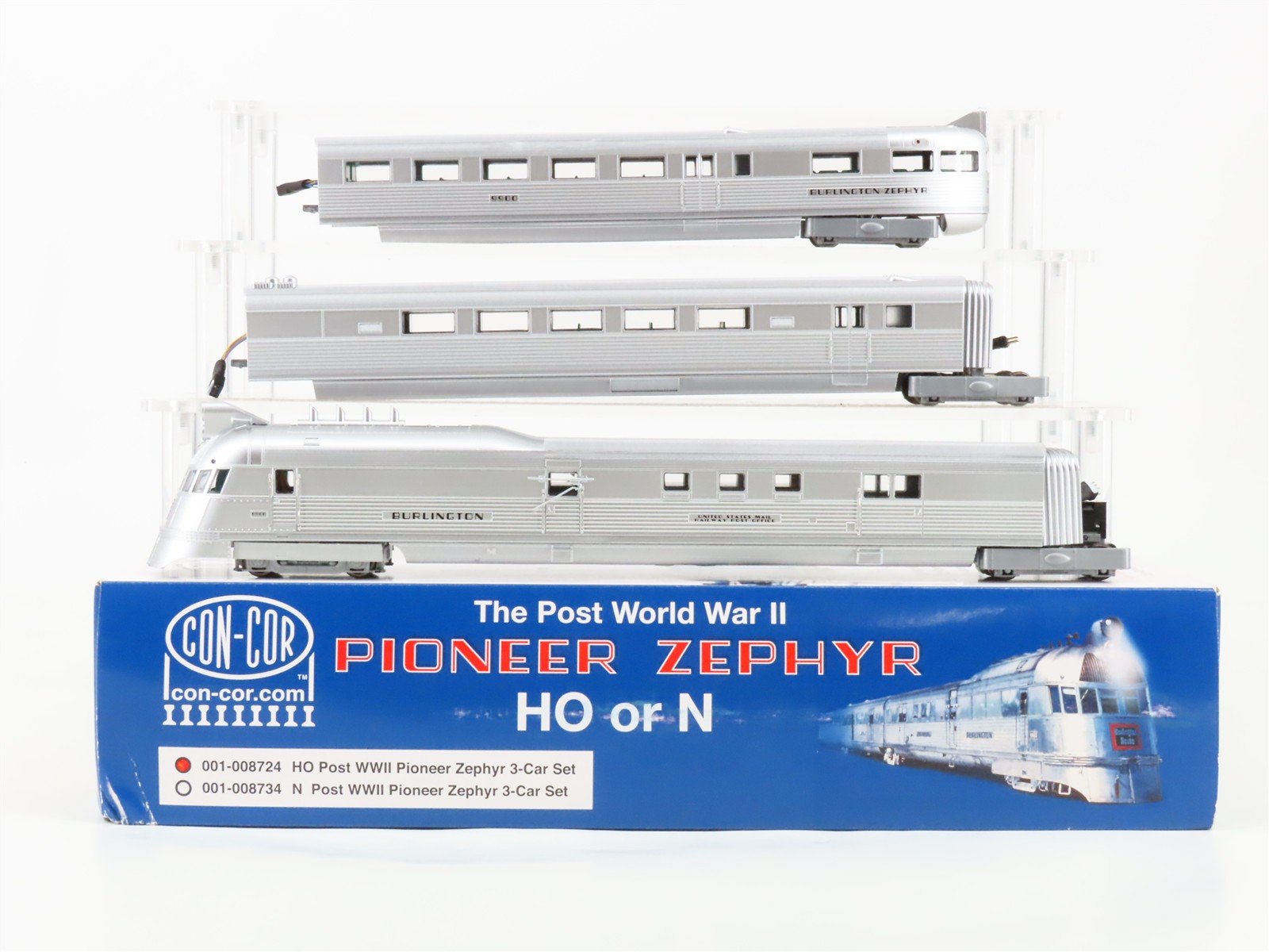 HO Con-Cor 001-008724 Burlington WWII Pioneer Zephyr Diesel Passenger Set wDCC