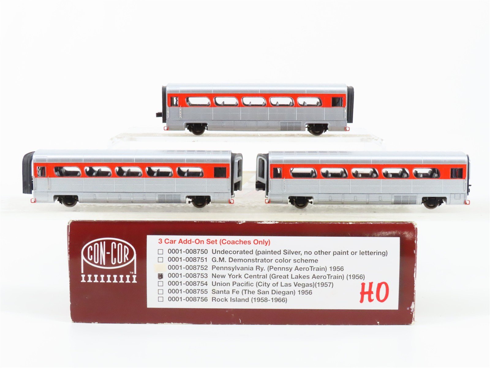 HO Scale Con-Cor 0001-008753 NYC Great Lakes AeroTrain Passenger 3-Car Add-On
