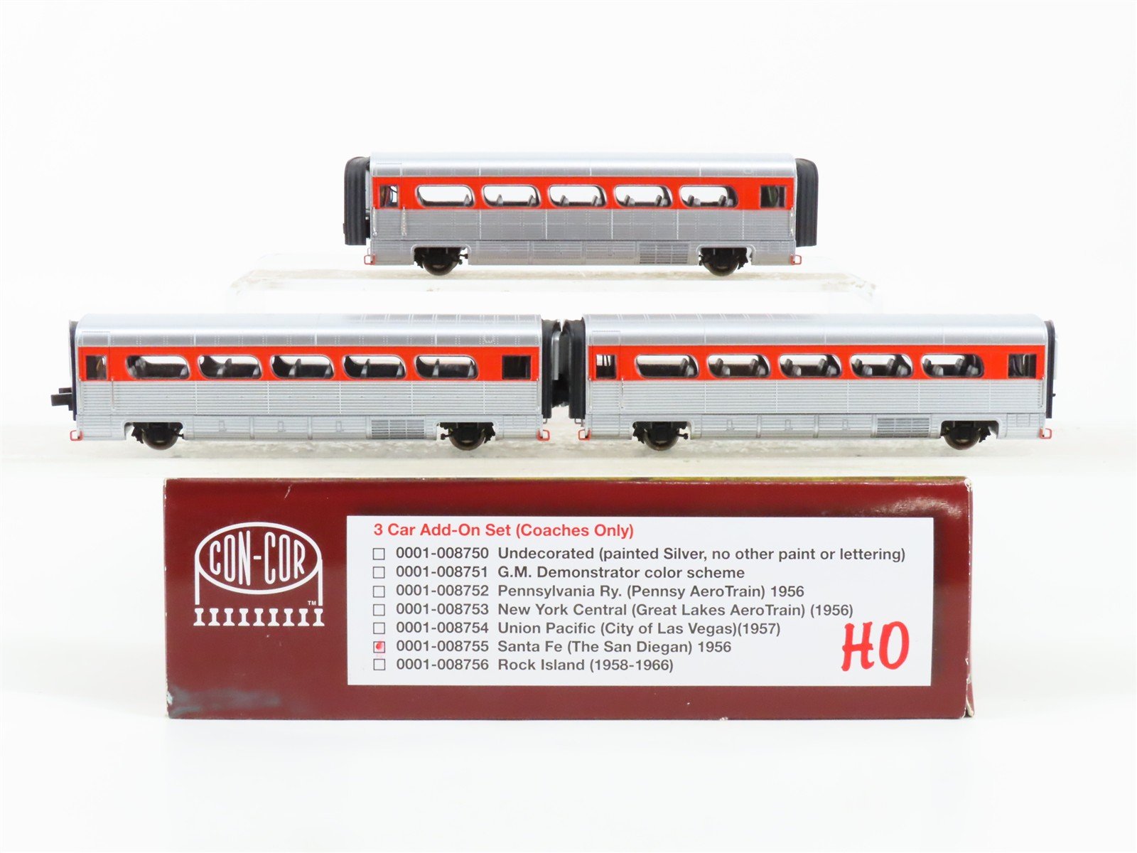 HO Scale Con-Cor 0001-008755 ATSF Santa Fe San Diegan Passenger 3-Car Add-On